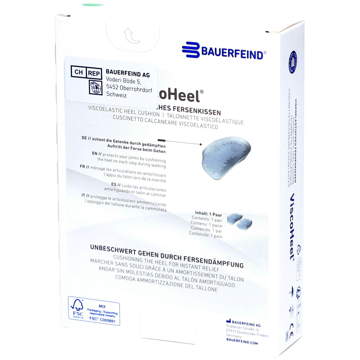 Rückseite der ViscoHeel-Verpackung. Enthält 1 Paar Fersenkissen. Marke: Bauerfeind. Text in Deutsch, Französisch, Italienisch.