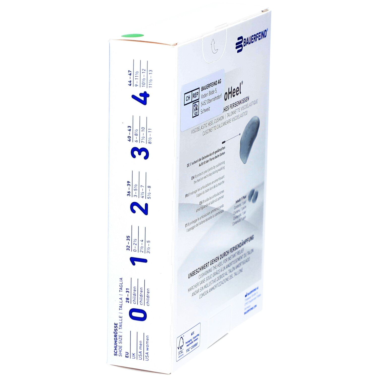 ViscoHeel-Verpackung mit Größenangaben. Schuhgrößen 0-4. Marke: Bauerfeind. Made in Germany.