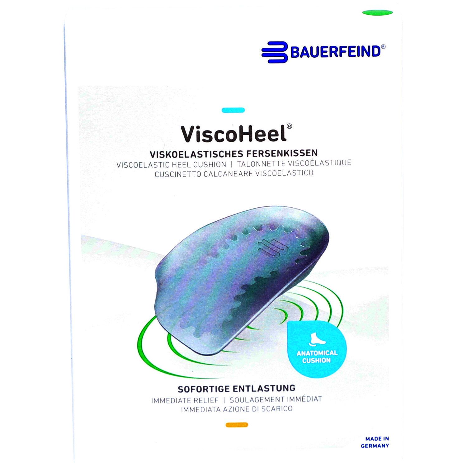 ViscoHeel Fersenkissen in Verpackung. Anatomisches Kissen, sofortige Entlastung. Marke: Bauerfeind.
