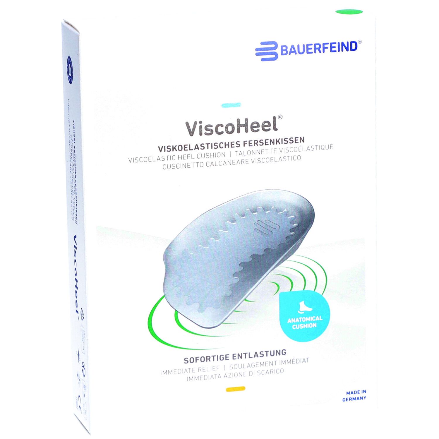 ViscoHeel Fersenkissen in Verpackung. Anatomisches Kissen, sofortige Entlastung. Marke: Bauerfeind.