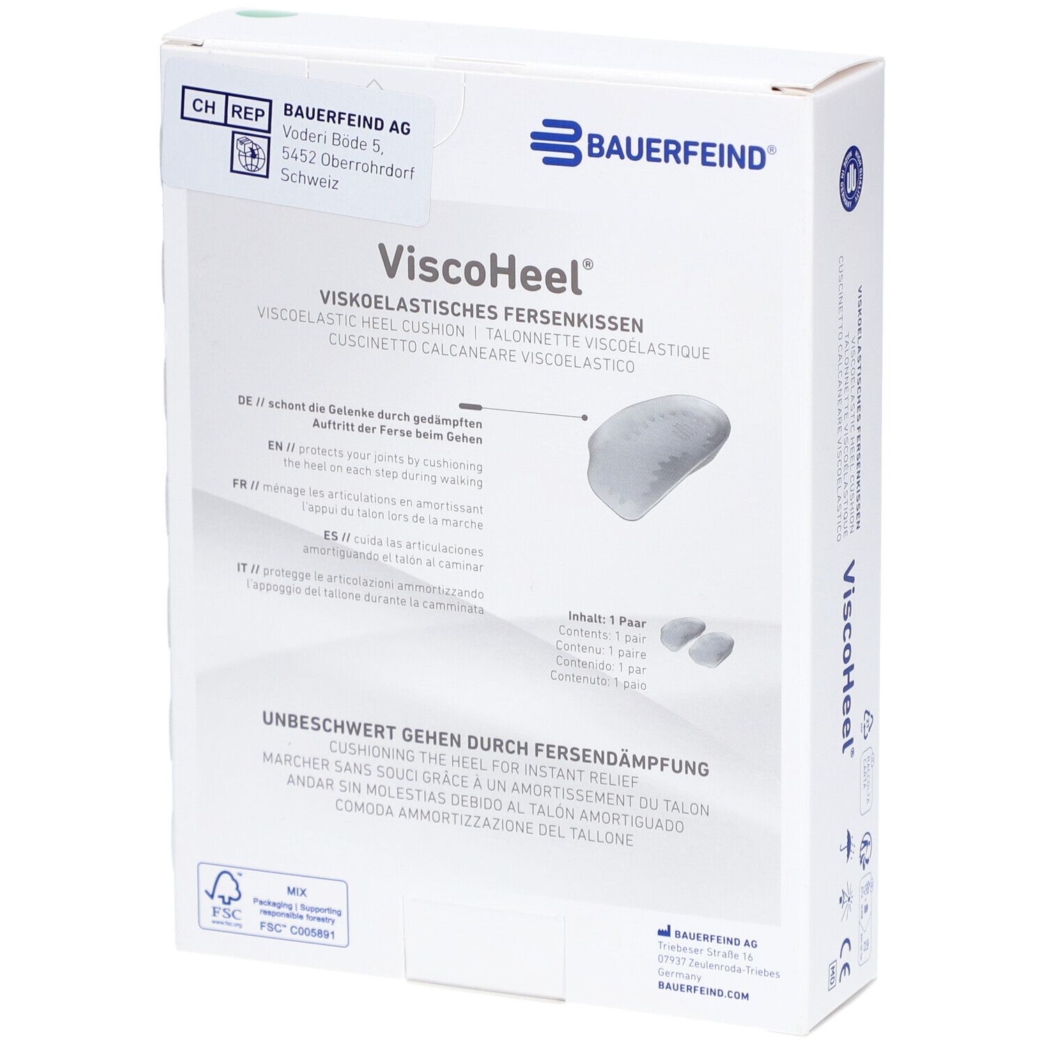 Rückseite der ViscoHeel Fersenkissen Gr. 4 Verpackung. Marke Bauerfeind. Inhalt: 1 Paar. Unbeschwert durch Fersendämpfung.