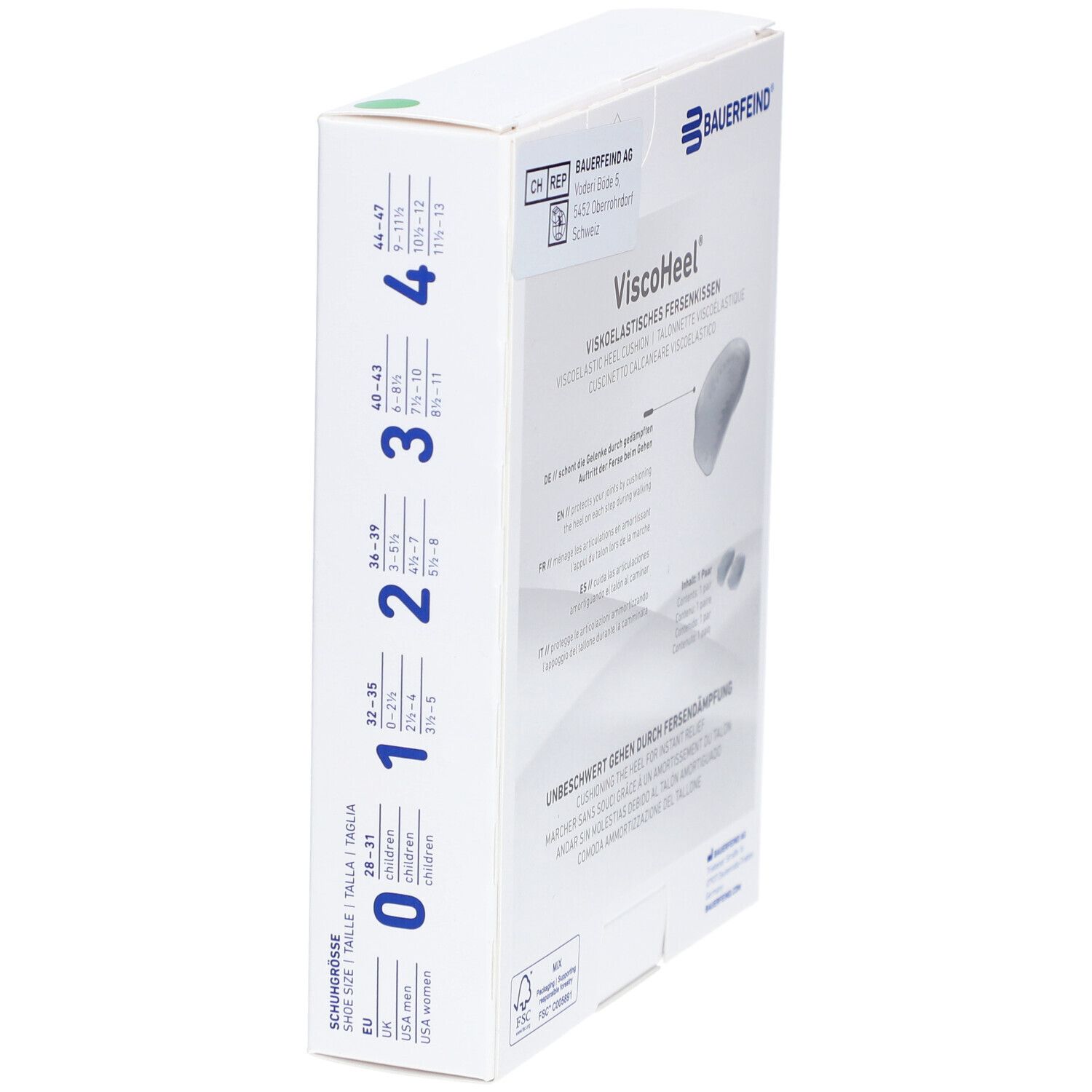 ViscoHeel Fersenkissen Gr. 4 Verpackung. Marke Bauerfeind. Schuhgrößen-Tabelle. Größen 0-4.