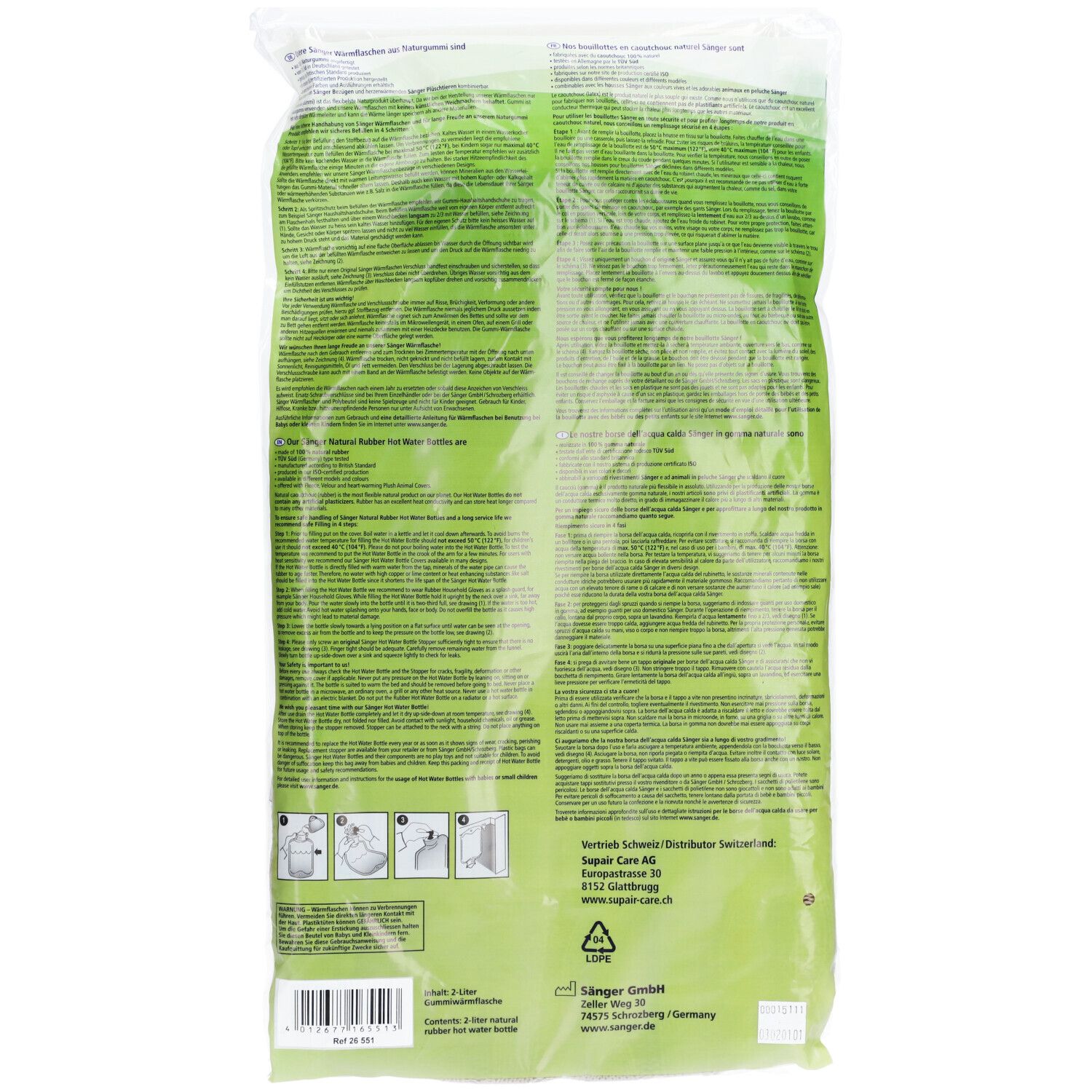 Rückseite der Verpackung. Text und Piktogramme. Herstellerinformationen und Zertifizierungen.