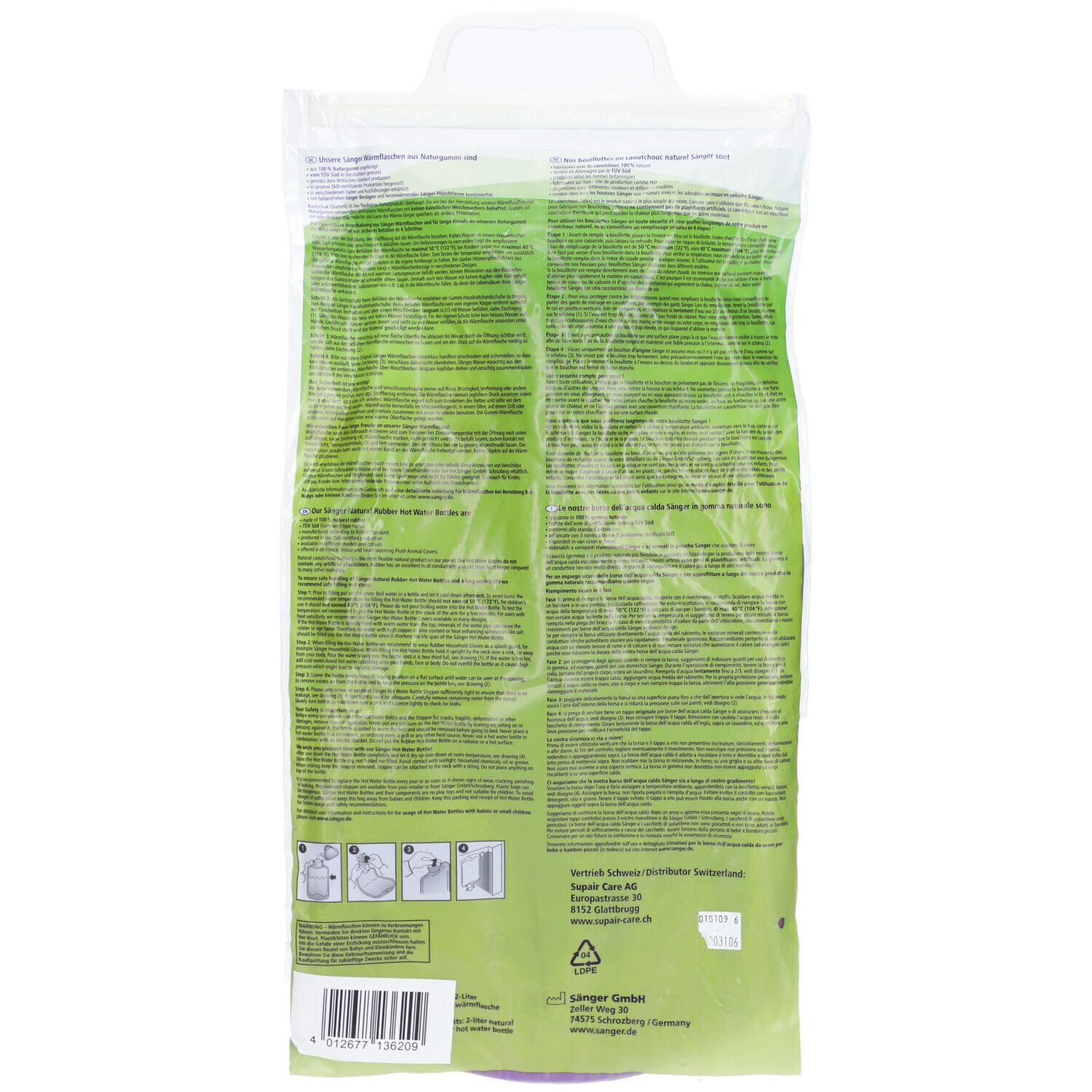 Rückseite der Verpackung. Transparente Verpackung mit Text und Illustrationen. Barcode unten links.