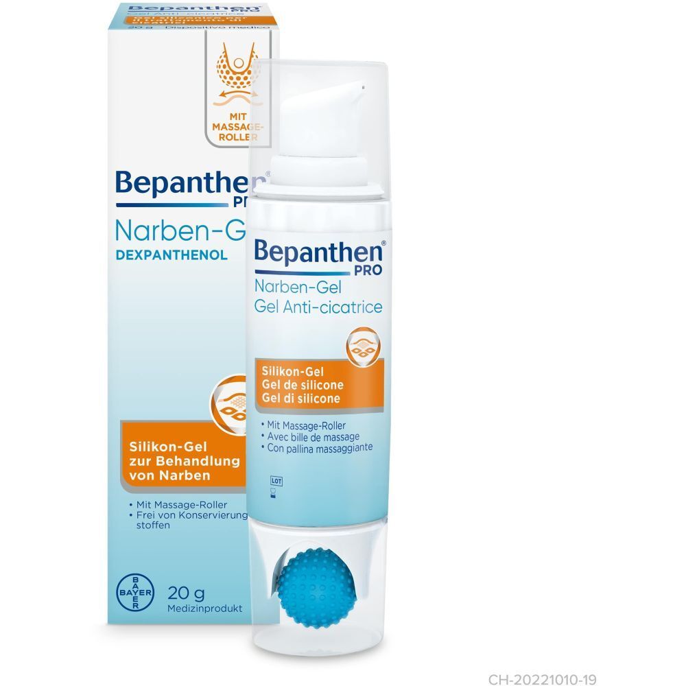 BEPANTHEN® PRO Narben-Gel, tube et flacon. Avec rouleau de massage. 20g. Logo Bayer.