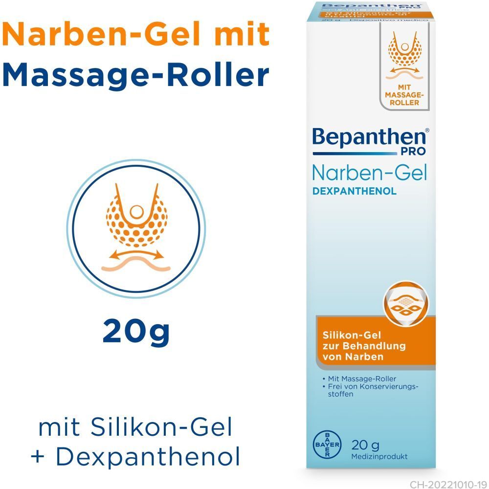BEPANTHEN® PRO Narben-Gel, emballage. 20g. Avec gel de silicone + dexpanthénol. Avec rouleau de massage.
