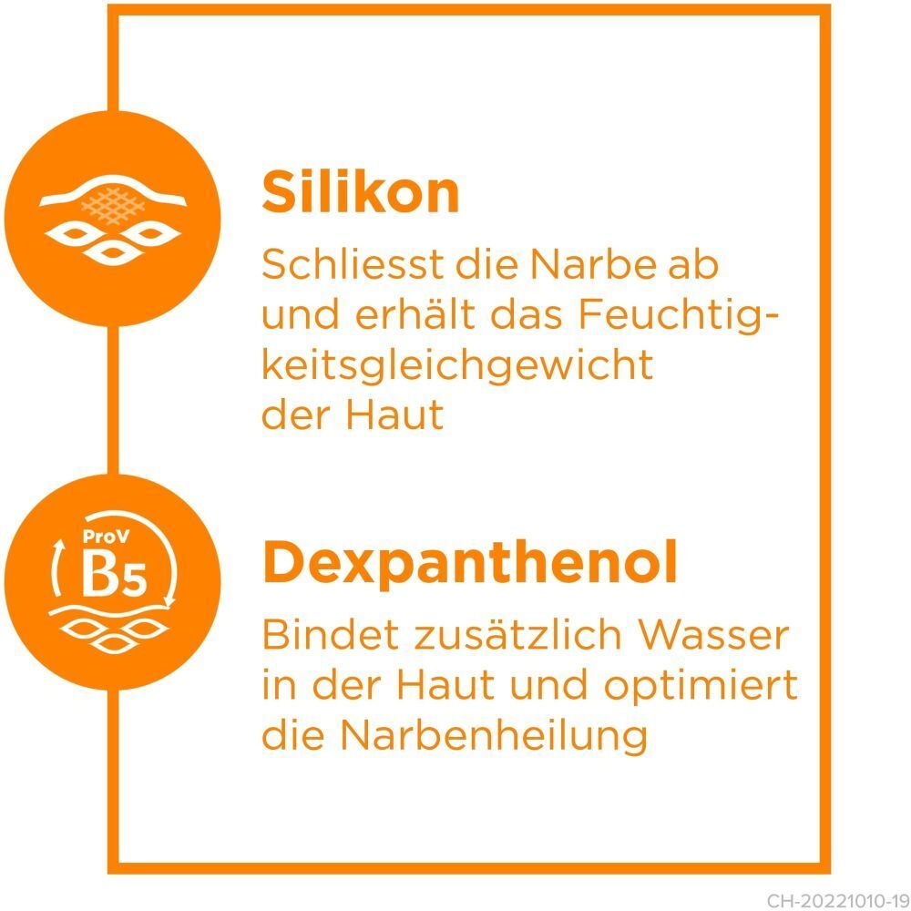 Graphique: La silicone ferme la cicatrice. Le dexpanthénol lie l'eau. Texte et logos.