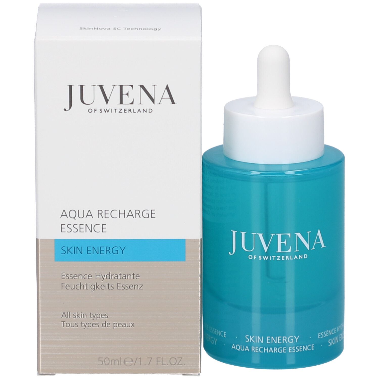 Produktverpackung und Flasche. Aufschrift: JUVENA, AQUA RECHARGE ESSENCE, SKIN ENERGY, 50ml/1.7 FL.OZ.