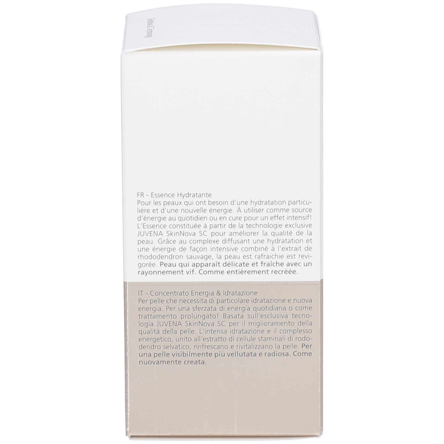Produktverpackung und Flasche. Aufschrift: JUVENA, AQUA RECHARGE ESSENCE, SKIN ENERGY, 50ml/1.7 FL.OZ.