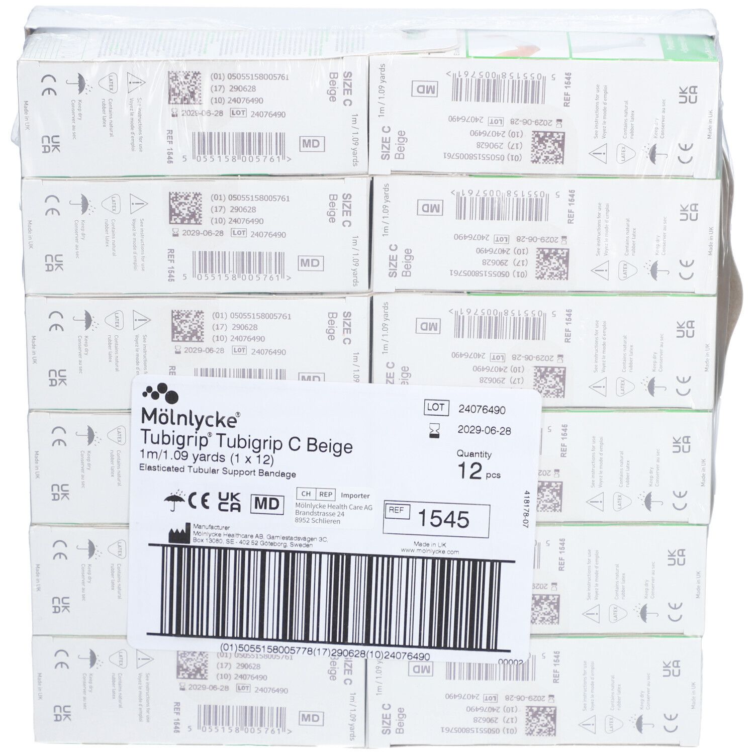 Verpackung von MÖLNLYCKE Tubigrip C Beige Bandagen. 12 Stück. Aufdrucke: Marke, Größe, Chargennummer, Verfallsdatum.