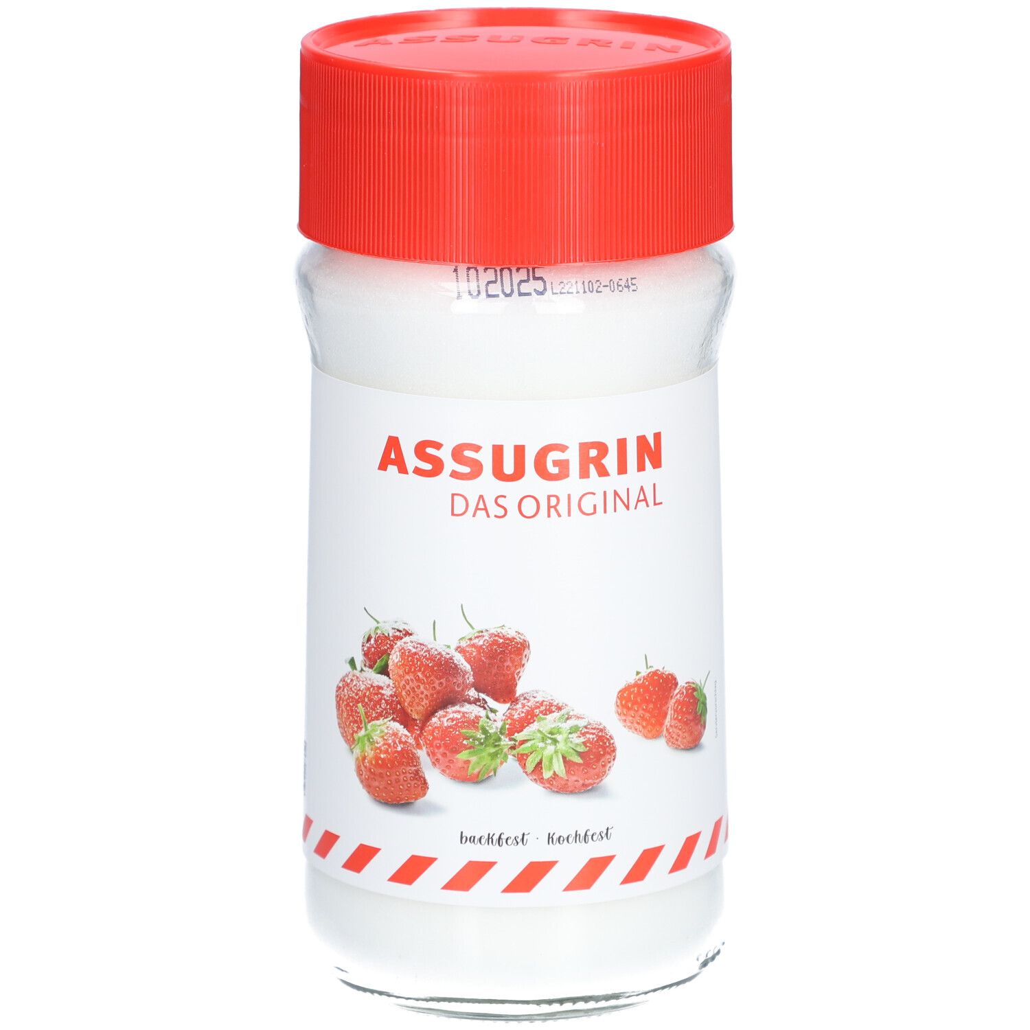 Glasbehälter mit rotem Deckel. Aufschrift ASSUGRIN DAS ORIGINAL. Erdbeeren abgebildet. Haltbarkeitsdatum.