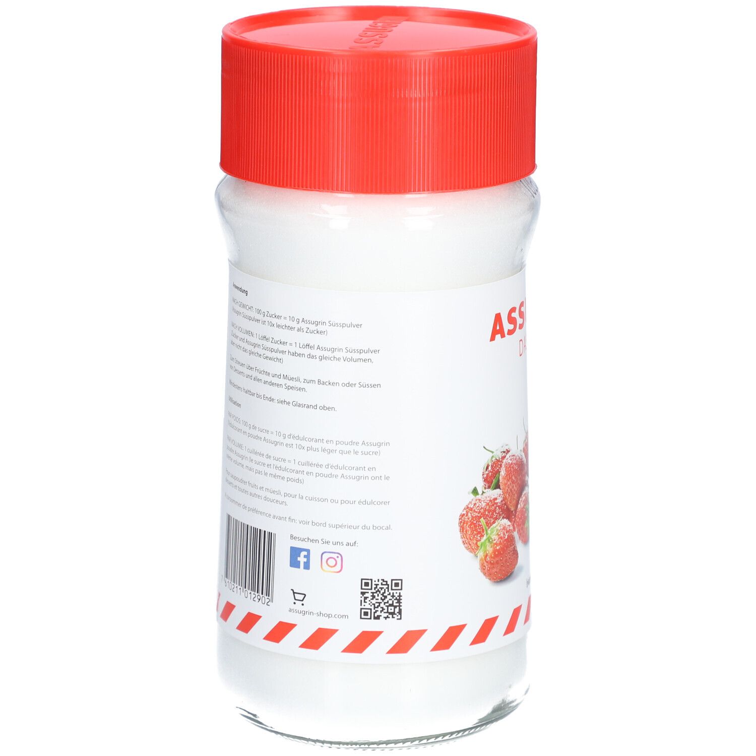 Glasbehälter mit rotem Deckel. Rückseite mit Text und Barcode. Erdbeeren abgebildet. Roter Streifen.