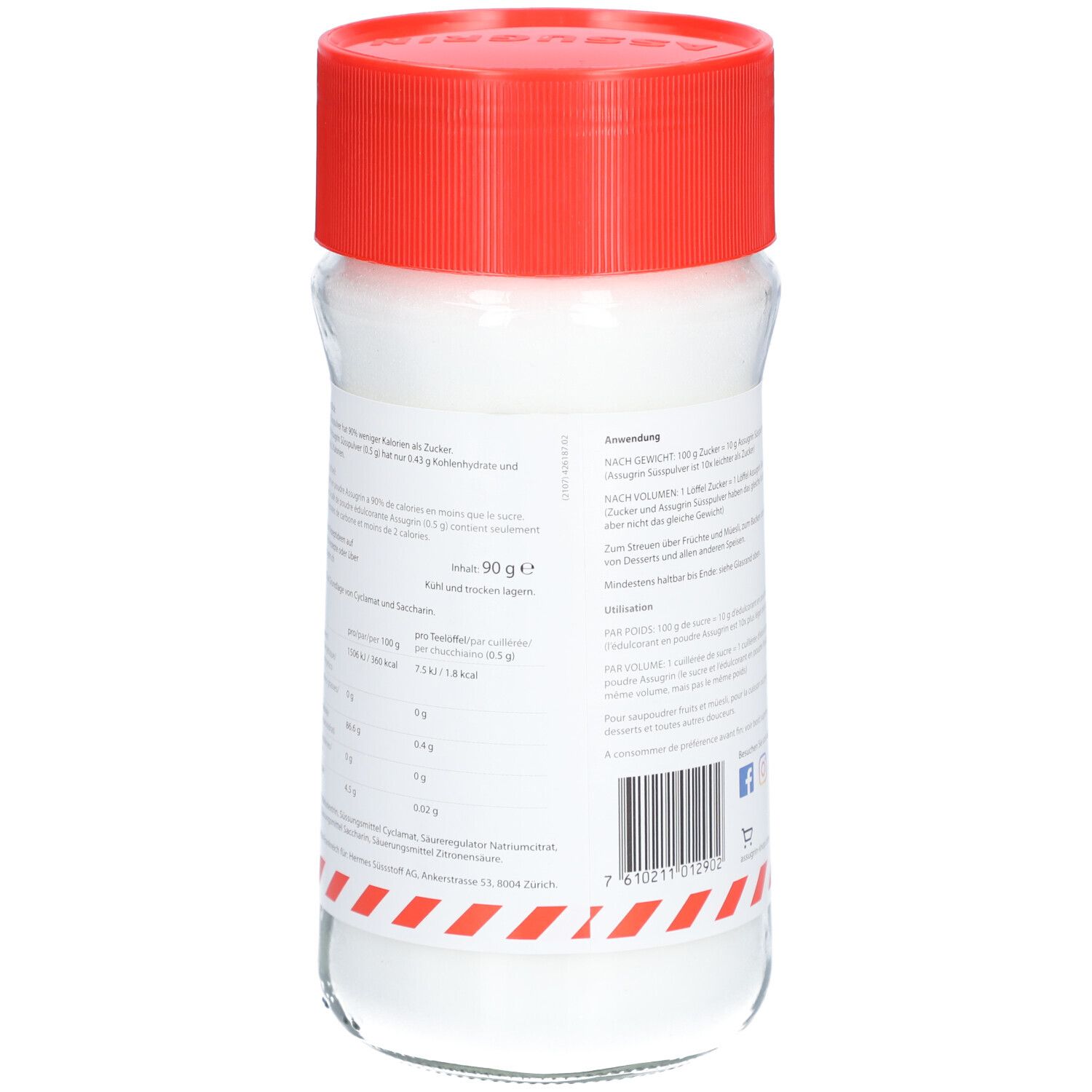 Glasbehälter mit rotem Deckel. Rückseite mit Text. Nährwertangaben. Mindesthaltbarkeitsdatum: 90 g.