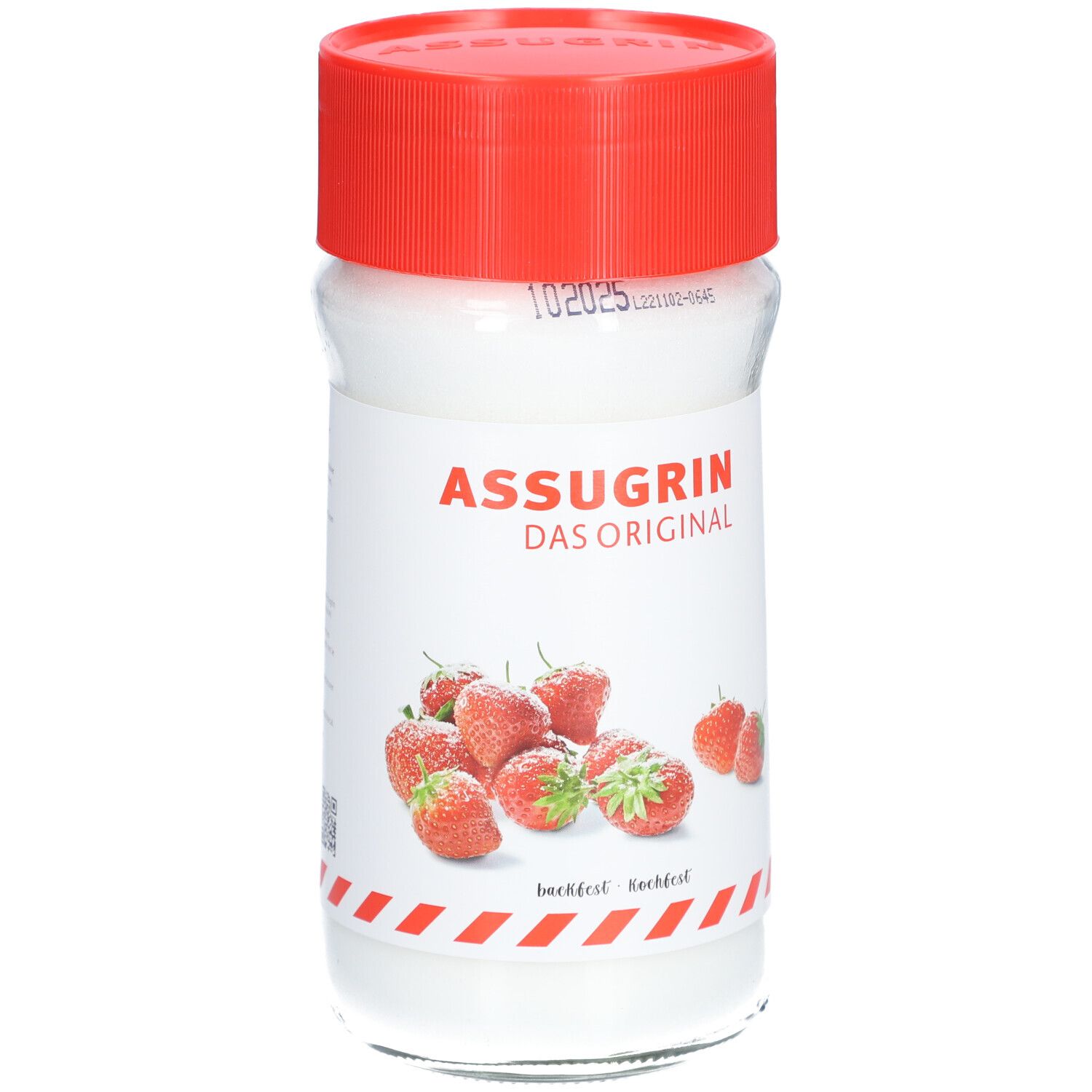 Glasbehälter mit rotem Deckel. Aufschrift ASSUGRIN DAS ORIGINAL. Erdbeeren abgebildet. Haltbarkeitsdatum.