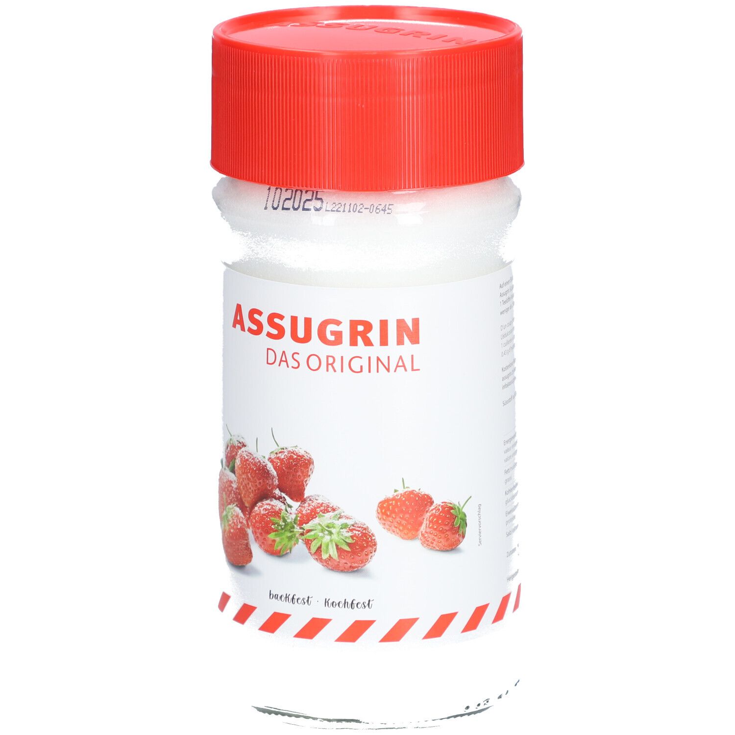 Glasbehälter mit rotem Deckel. Aufschrift ASSUGRIN DAS ORIGINAL. Erdbeeren abgebildet. Haltbarkeitsdatum.