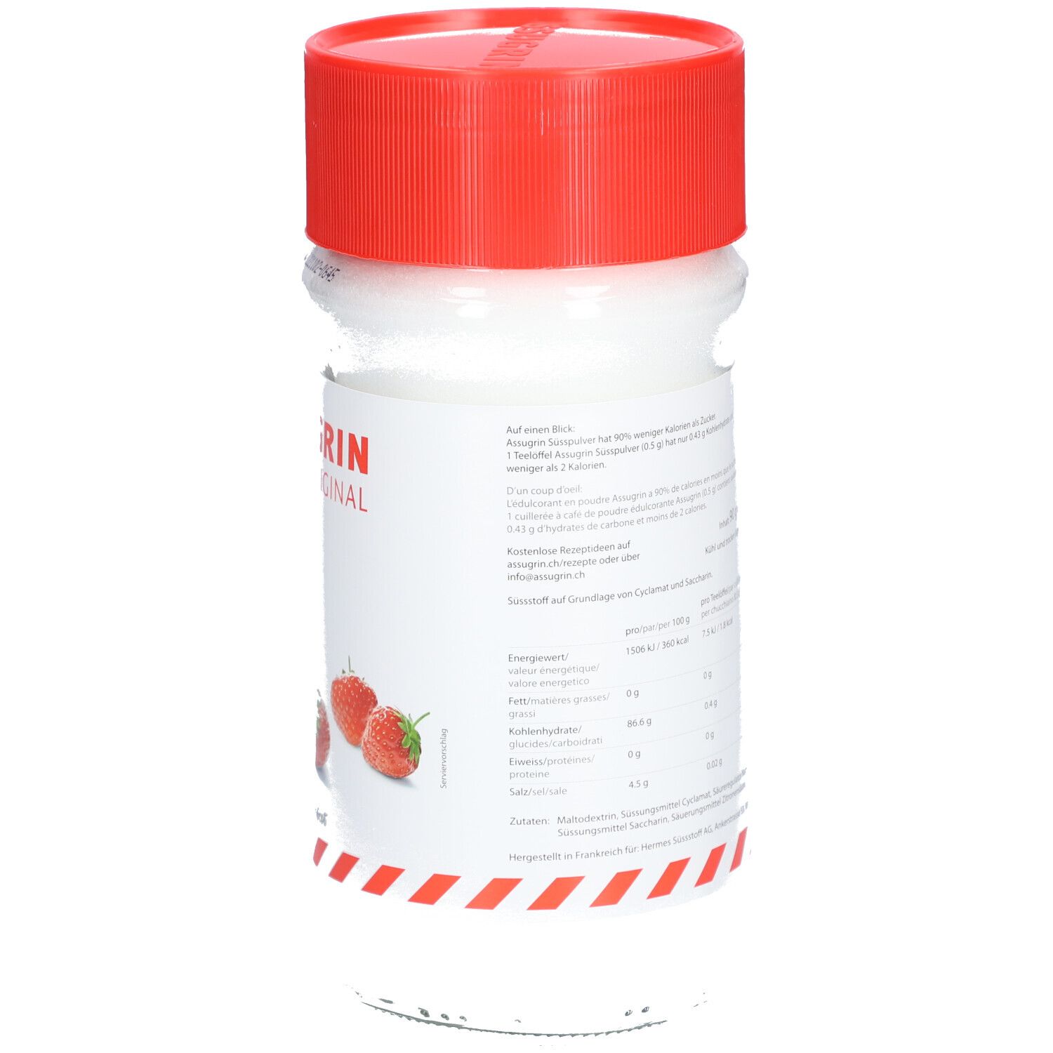 Glasbehälter mit rotem Deckel. Rückseite mit Text. Nährwertangaben. Erdbeeren abgebildet. Roter Streifen.