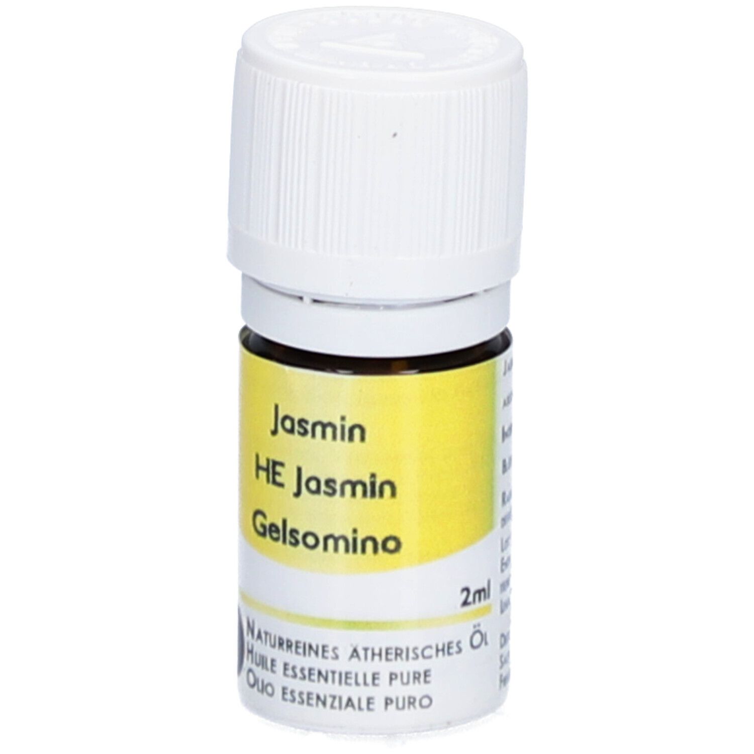 Braune Glasflasche mit weißem Deckel. Gelbes Etikett mit Text: Jasmin, HE Jasmin, Gelsomino. 2ml. Naturreines ätherisches Öl.