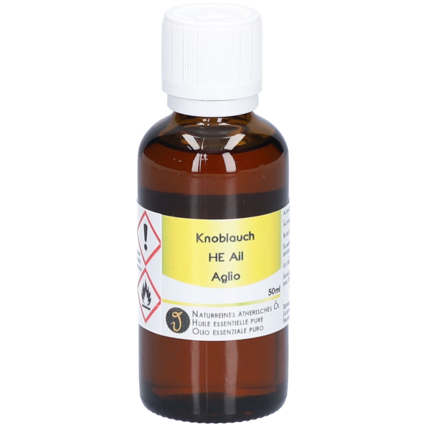Braune Glasflasche mit weißem Deckel. Etikett mit Produktnamen und Warnsymbolen.
