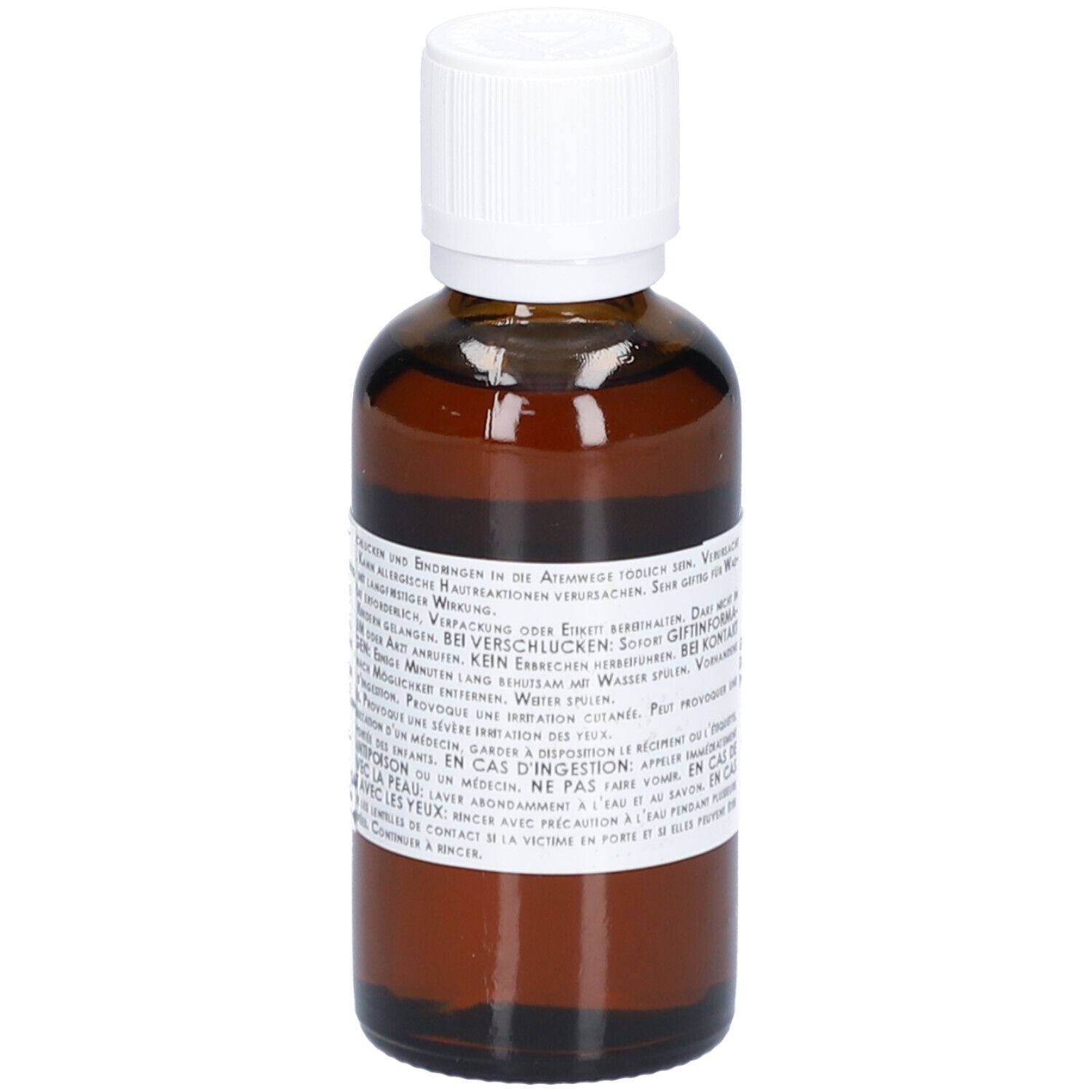 Braune Glasflasche mit weißem Deckel. Etikett mit Text.