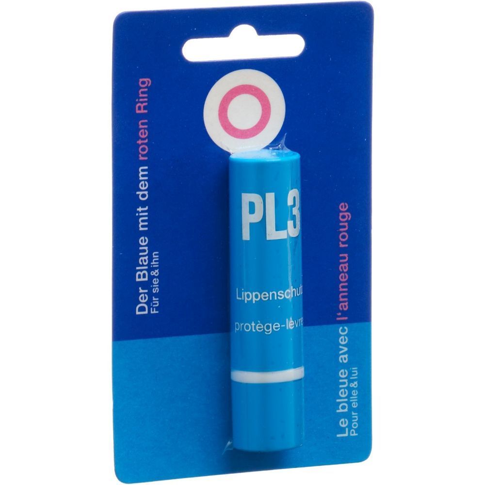 Blauer Lippenbalsam in Blisterverpackung. Produktname: PL3. Mit rotem Ring. Text in Deutsch und Französisch.