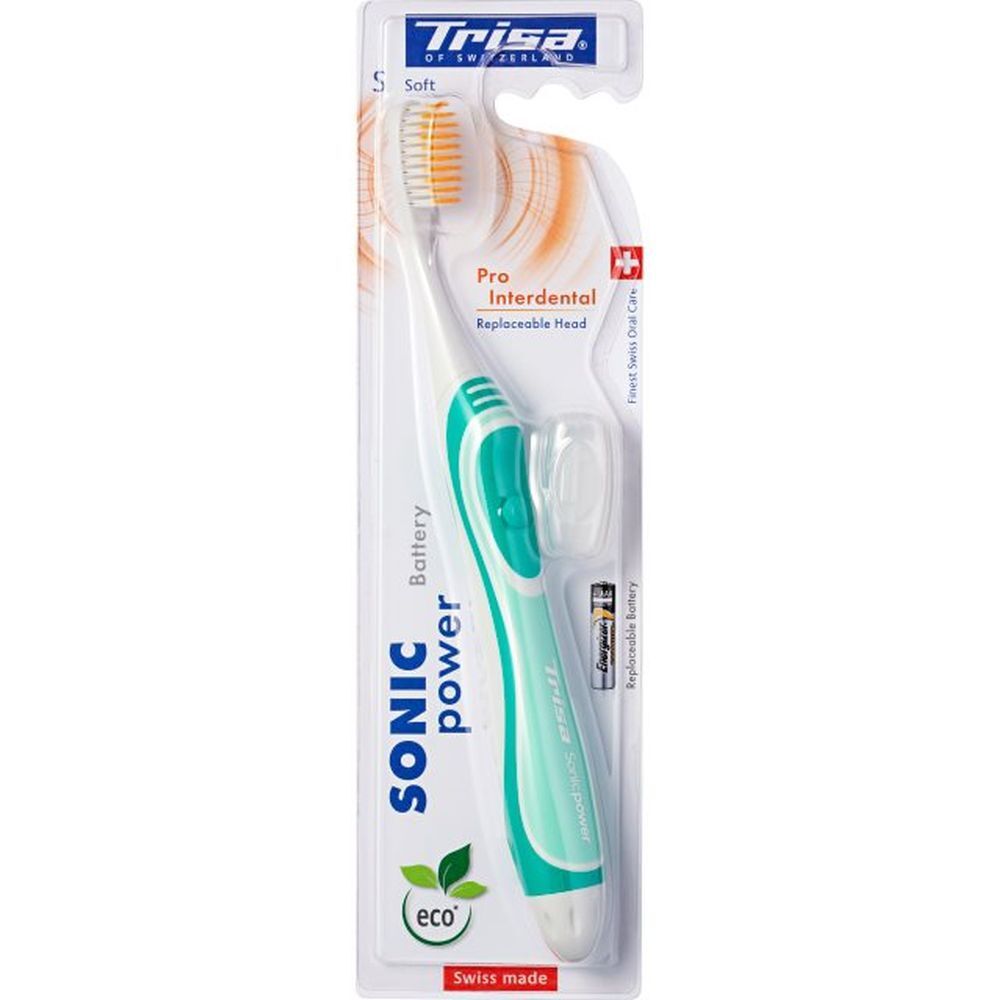 Brosse à dents TRISA Sonicpower Pro Interdental, verte et blanche, avec tête de rechange et pile. Emballage avec informations.