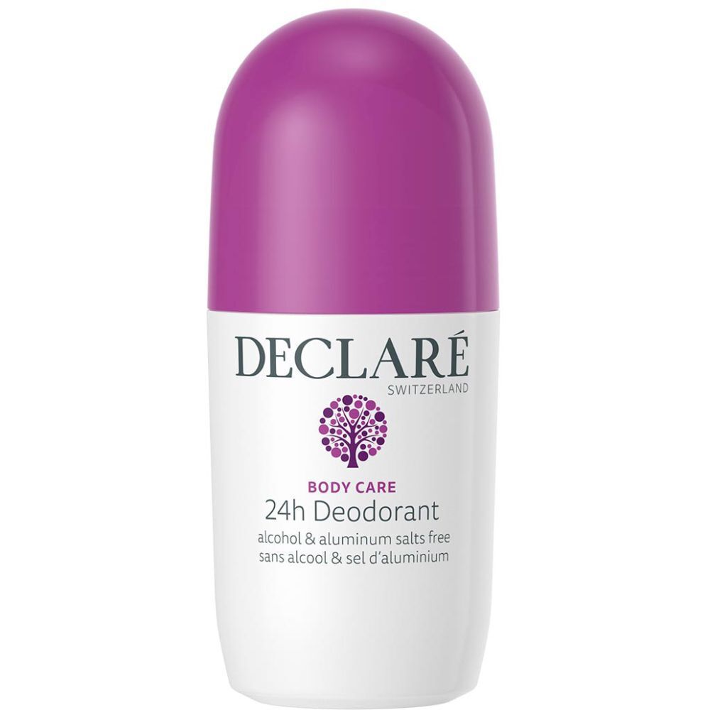 Weißer Roll-on-Deo mit lila Kappe. Aufschrift: DECLARÉ, 24h Deodorant, Body Care. Frei von Alkohol und Aluminiumsalzen.