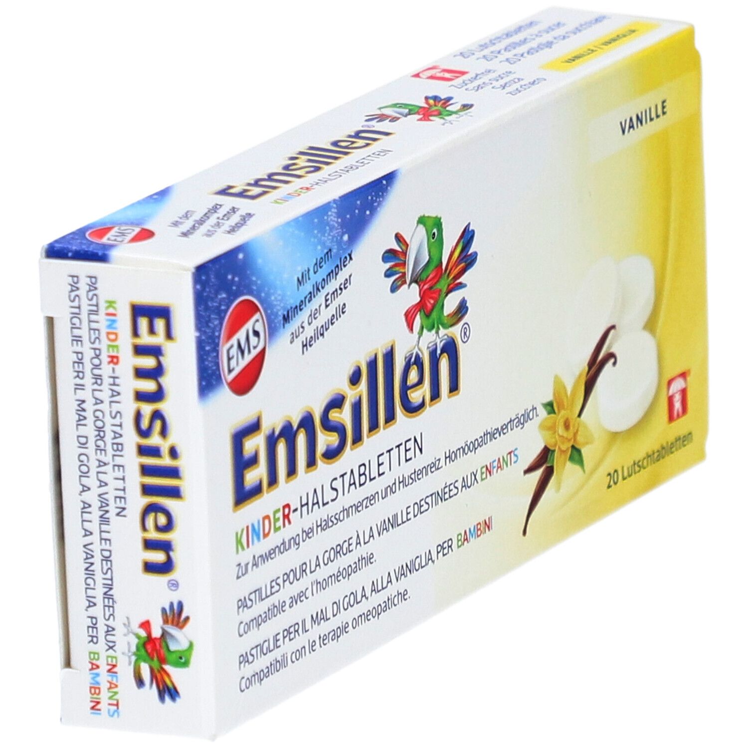 Emsillen Kinder-Halstabletten Vanille-Packung. 20 Lutschtabletten. Logo, Papagei-Illustration, Vanille-Blüten-Abbildung.