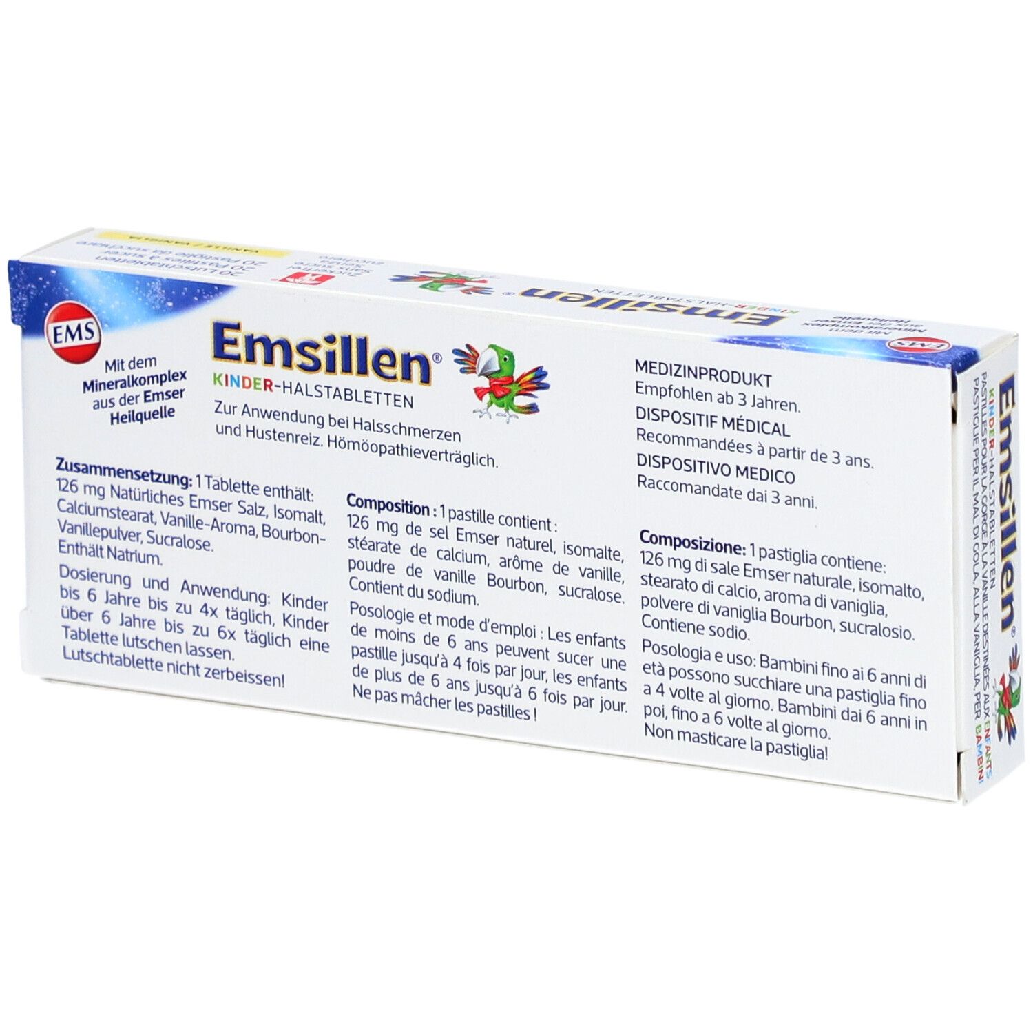 Emsillen Kinder-Halstabletten Vanille-Packung. Text mit Inhaltsstoffen und Dosierung. Medizinprodukt.