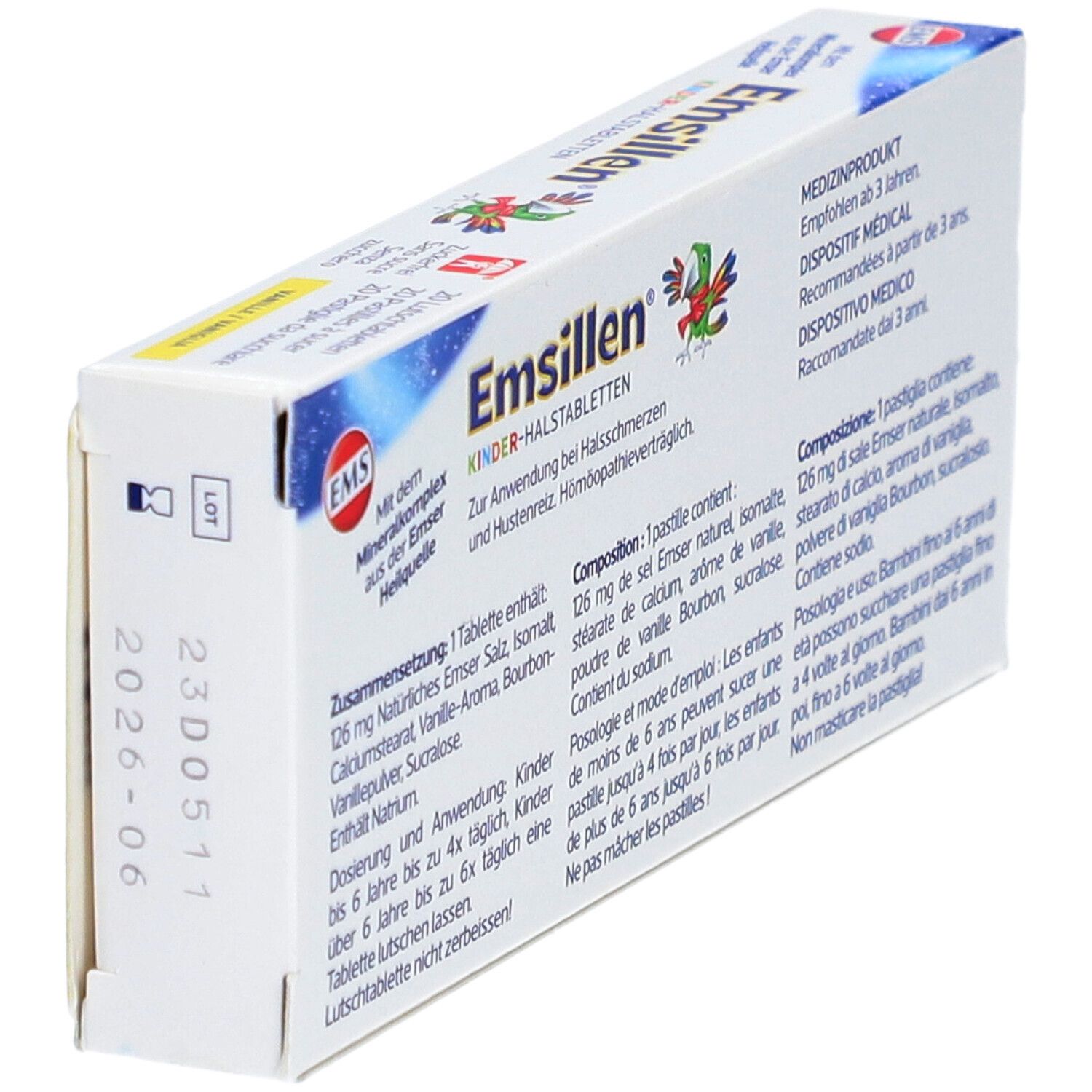 Emsillen Kinder-Halstabletten Vanille-Packung. Text mit Inhaltsstoffen und Dosierung. Medizinprodukt.