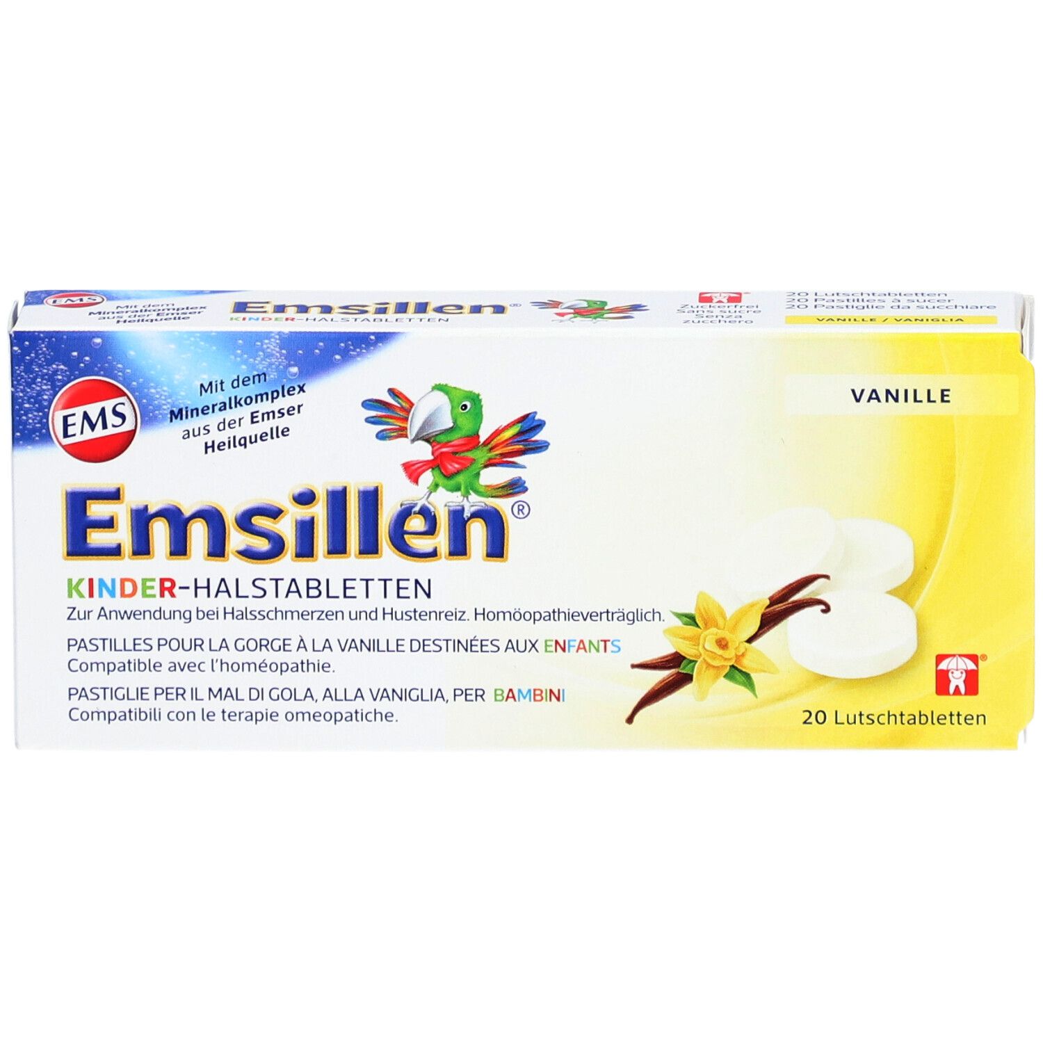 Emsillen Kinder-Halstabletten Vanille-Packung. 20 Lutschtabletten. Logo, Papagei-Illustration, Vanille-Blüten-Abbildung.