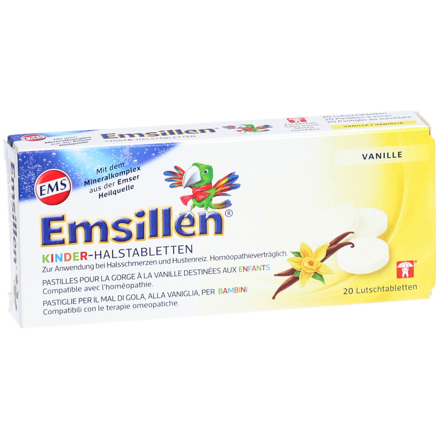 Emsillen Kinder-Halstabletten Vanille-Packung. 20 Lutschtabletten. Logo, Papagei-Illustration, Vanille-Blüten-Abbildung.
