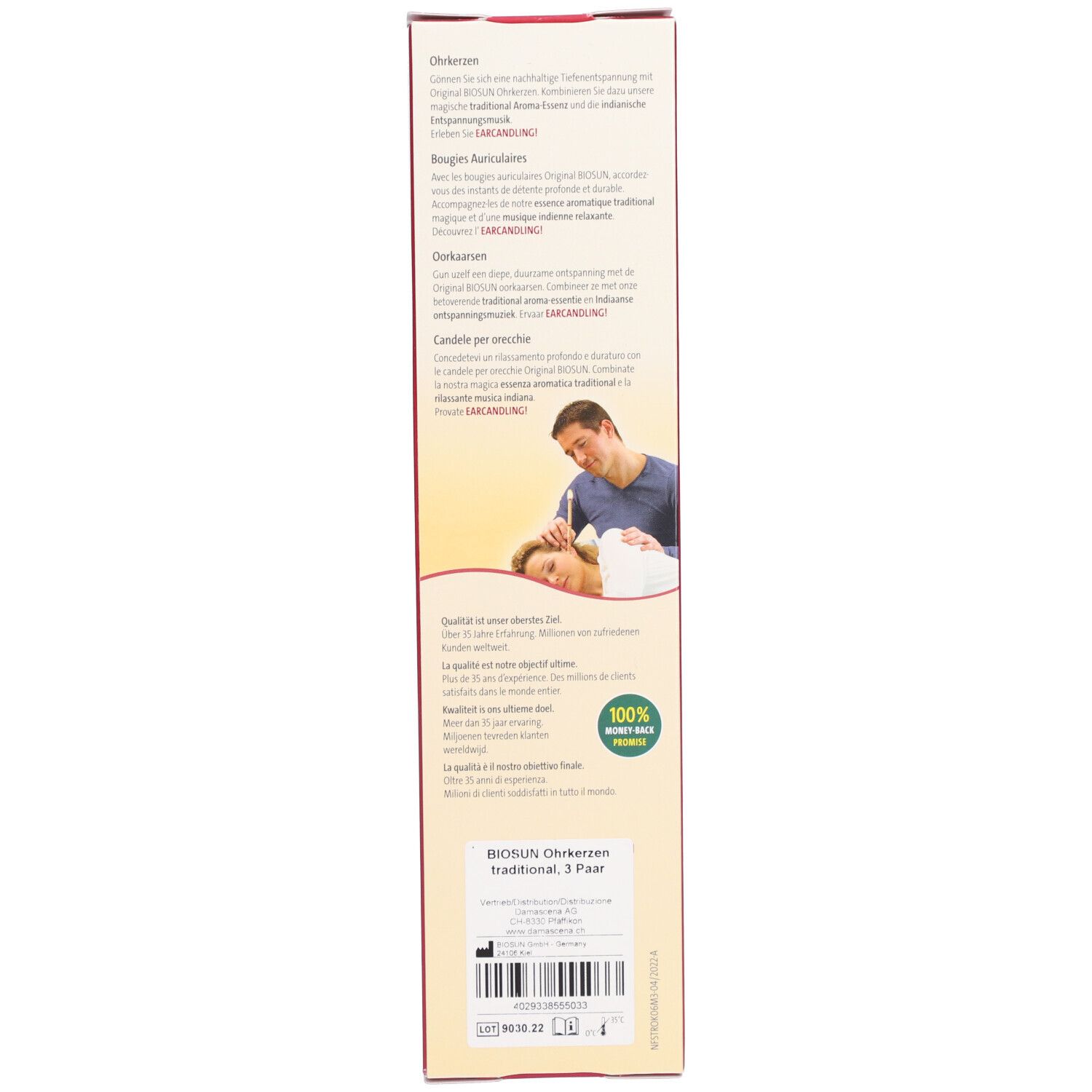 Rückseite der Verpackung mit Text und Abbildung. "BIOSUN"-Logo. Text: "Ohrkerzen traditional, 3 Paar".