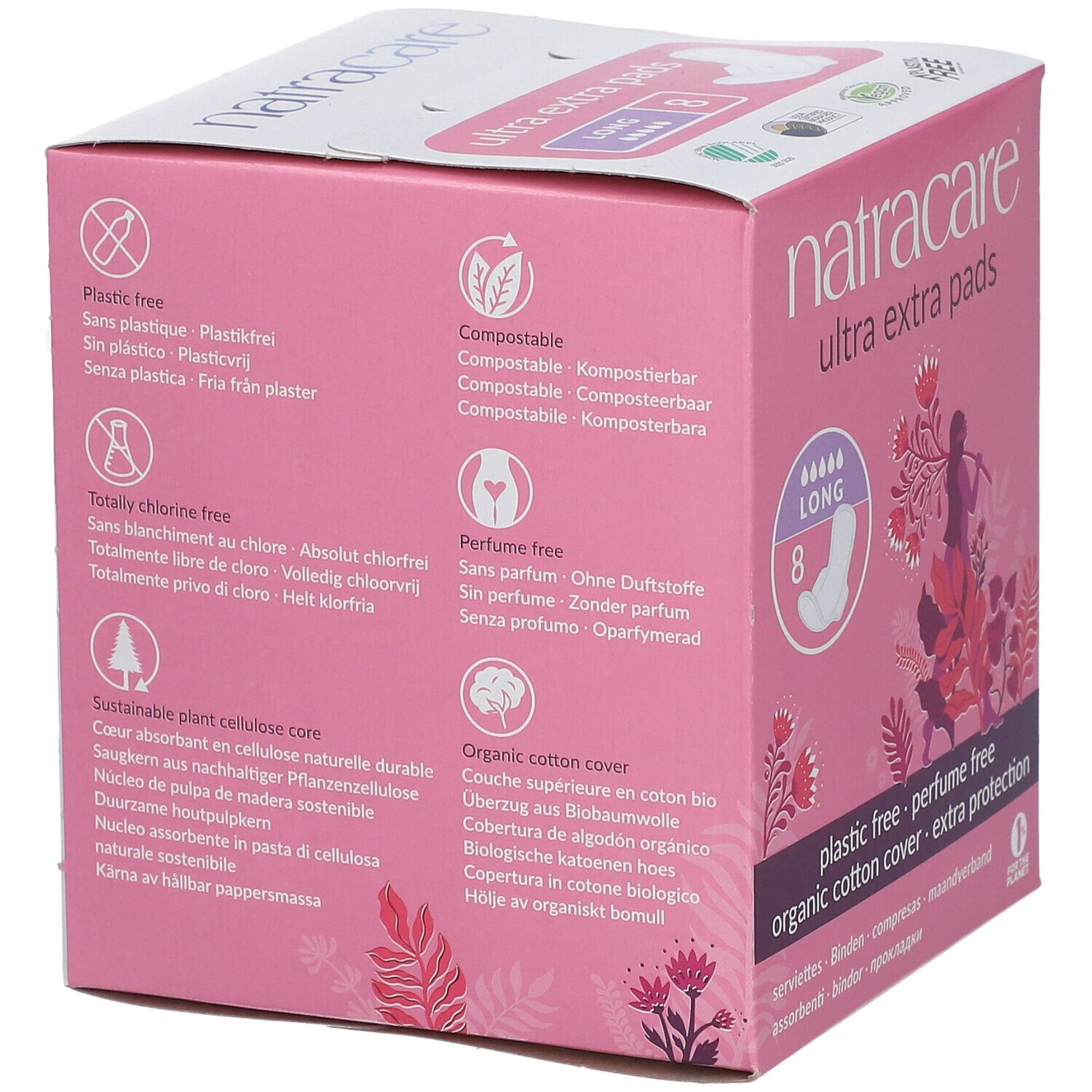 Boîte rose avec textes et symboles. Texte: sans plastique, compostable, totalement sans chlore, cœur cellulose végétale durable, couverture coton bio.