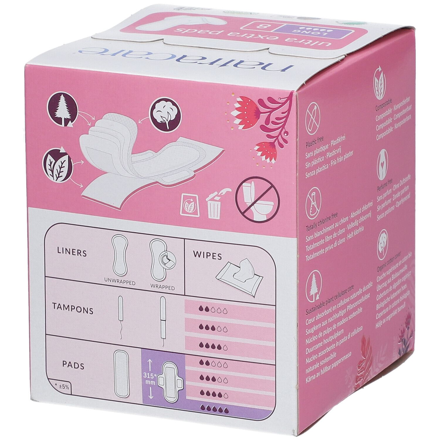 Boîte rose avec illustrations. Représentation graphique de protège-slips, tampons et serviettes. Texte: Liners, Tampons, Pads, Wipes.