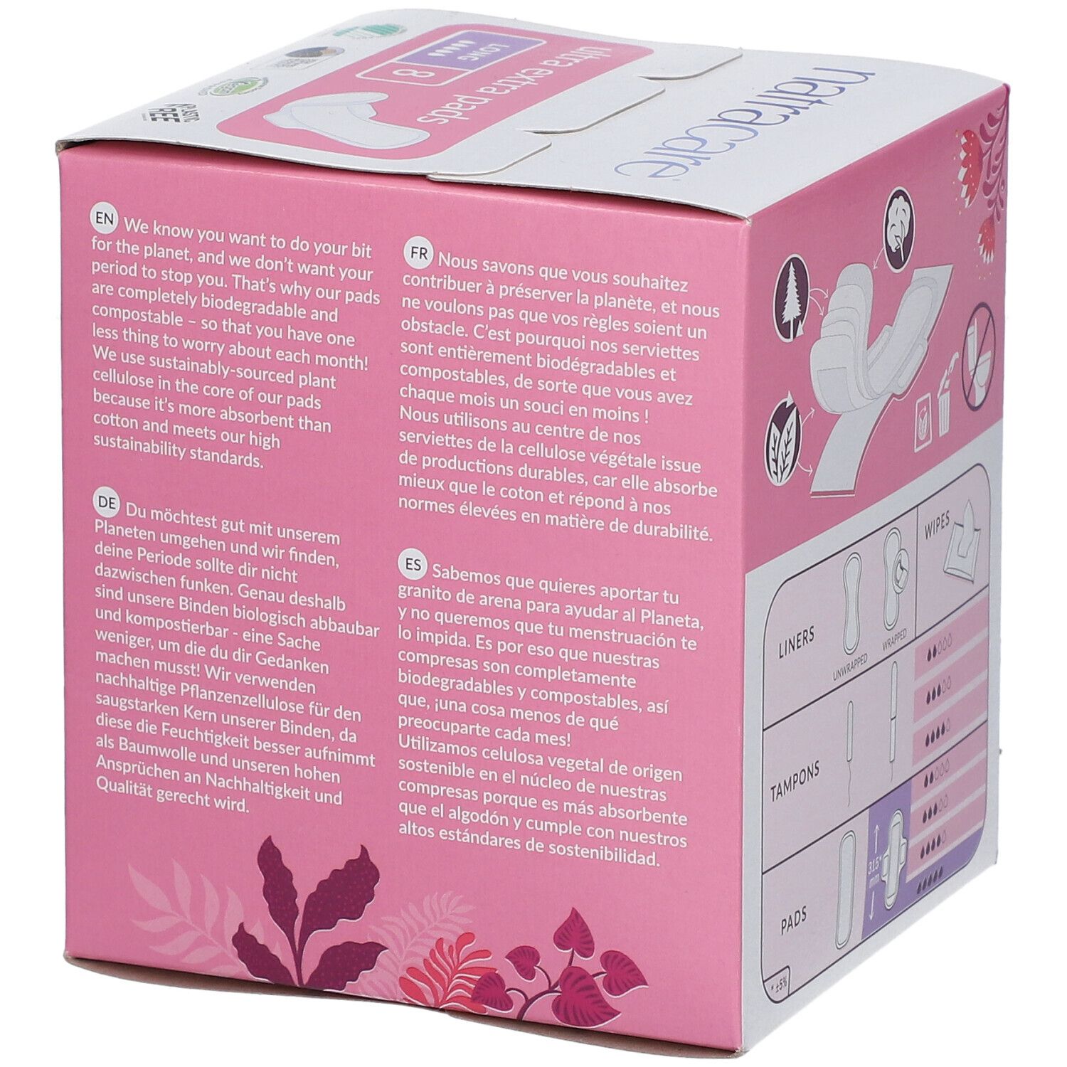 Boîte rose avec texte. Texte en anglais, allemand et français sur la durabilité des produits. Illustrations.