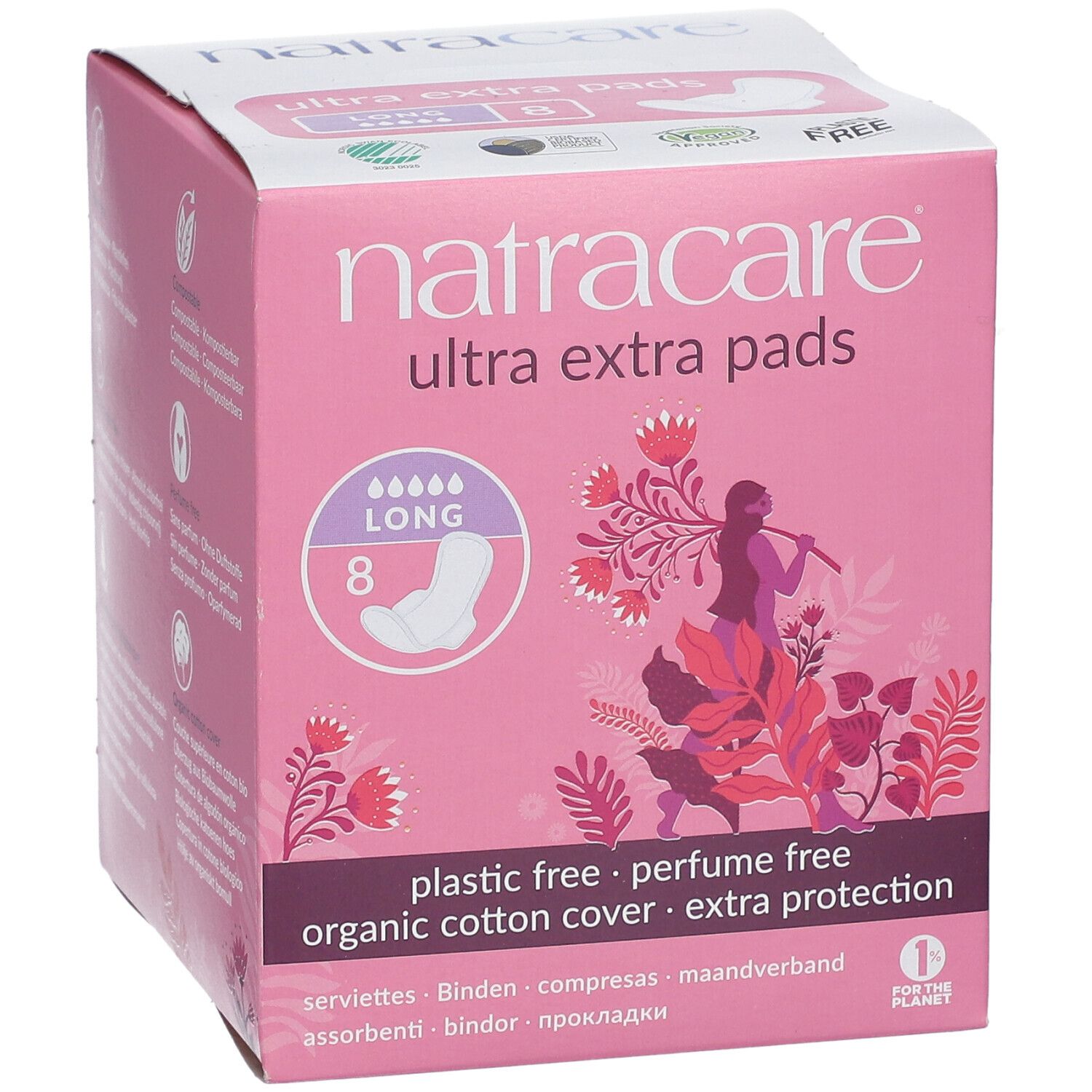 Boîte rose "natracare ultra extra pads". Contient 8 serviettes longues. Texte: sans plastique, sans parfum, couverture coton bio, protection extra.
