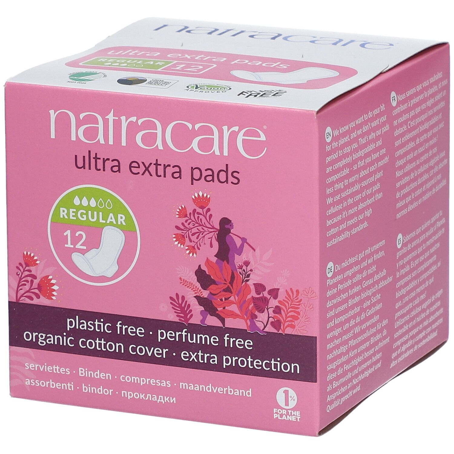 Rosa Verpackung mit "natracare ultra extra pads". 12 Stück. Kunststofffrei, parfümfrei, Bio-Baumwollbezug. Aufdrucke in mehreren Sprachen.