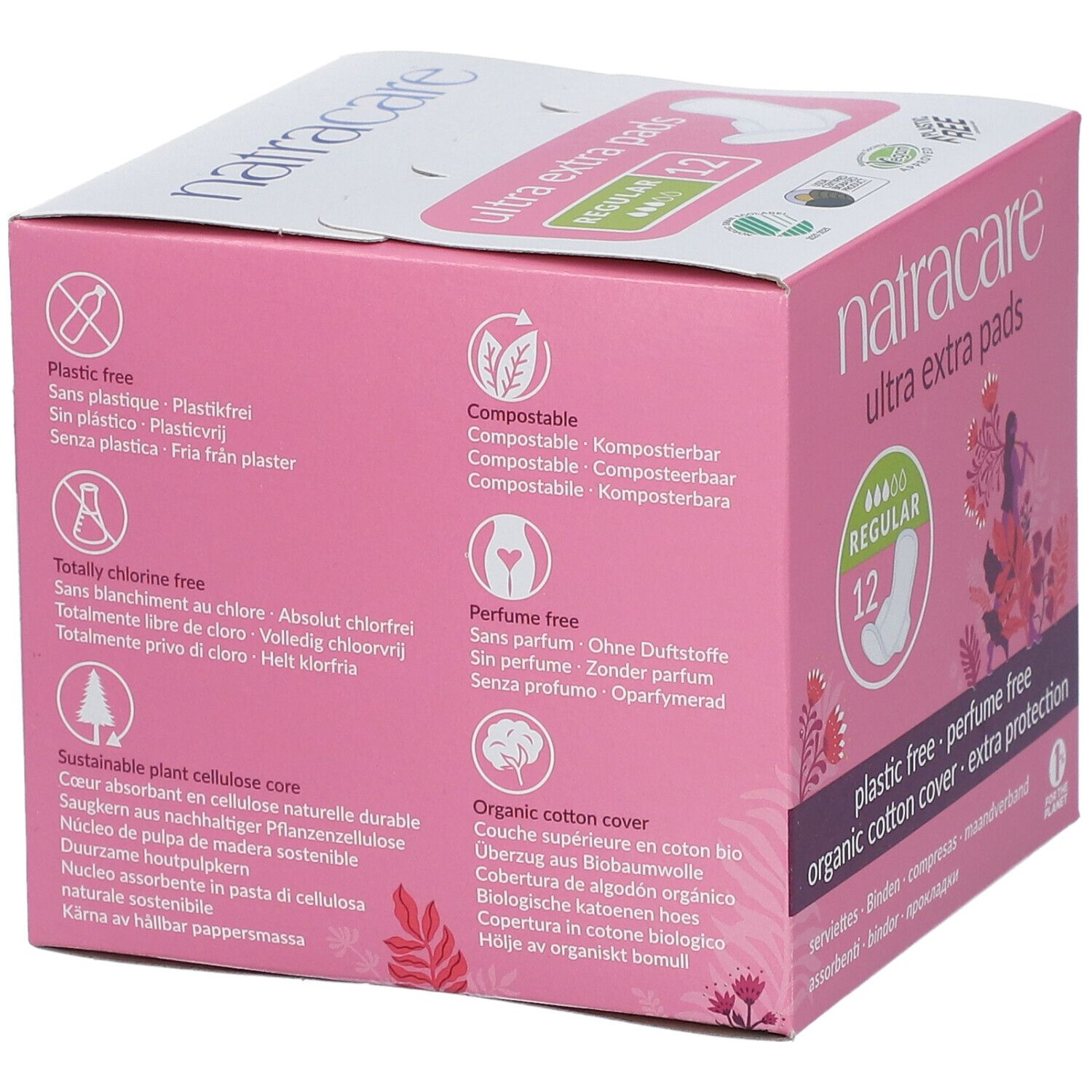 Rosa Verpackung mit Icons: Kunststofffrei, kompostierbar, chlorfrei, nachhaltige Zellulose, parfümfrei, Bio-Baumwollbezug. Text in mehreren Sprachen.
