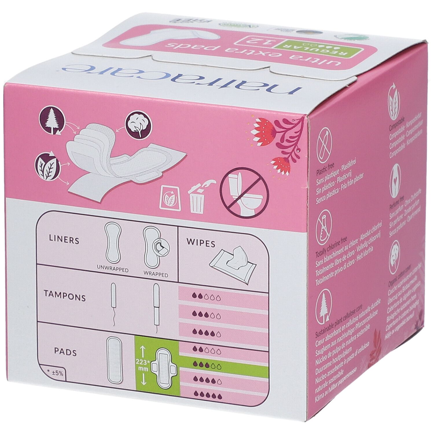 Rosa Verpackung mit Illustrationen von Damenbinden, Tampons und Slipeinlagen. Größenangaben. Text in mehreren Sprachen.
