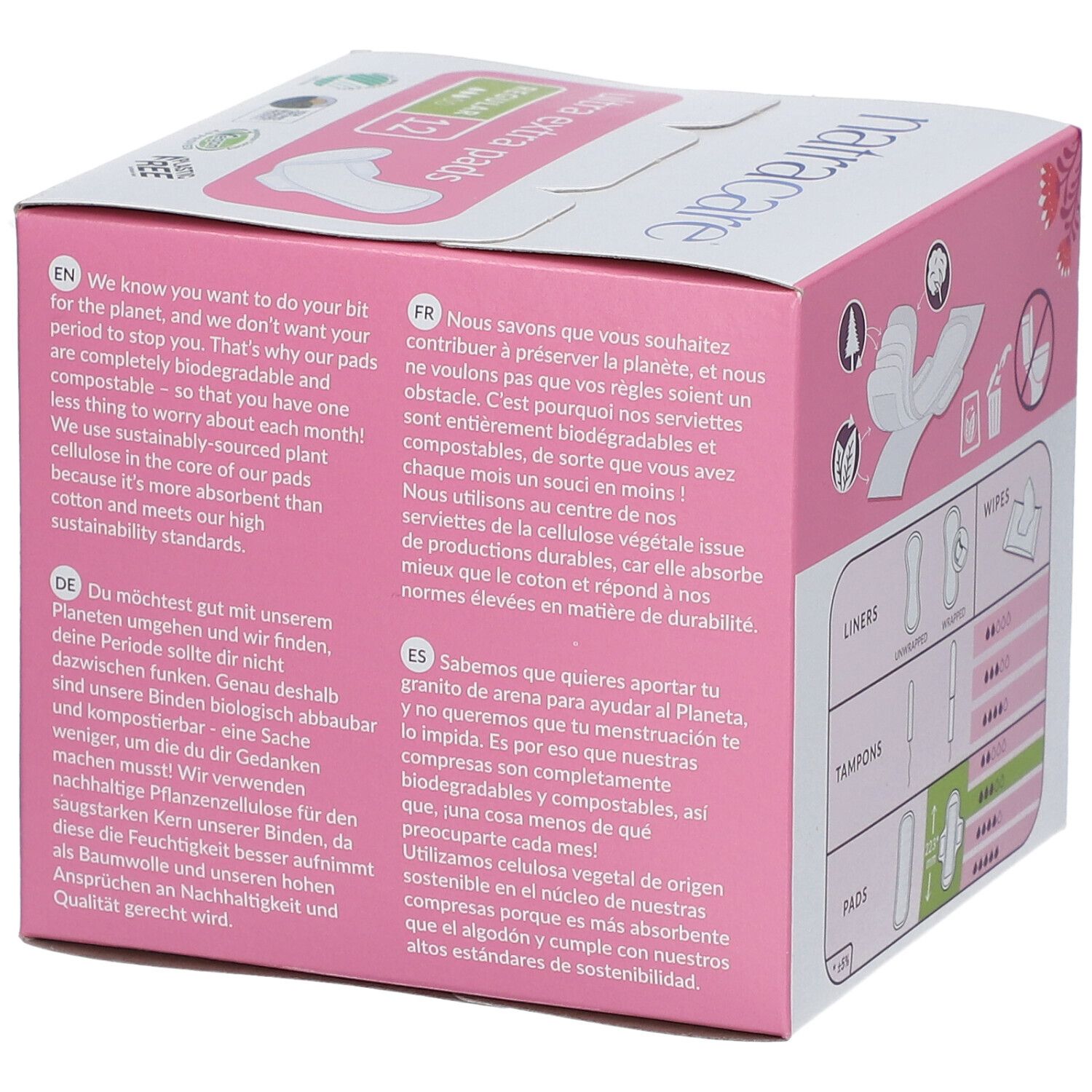 Rosa Verpackung mit Text in mehreren Sprachen. Informationen über Nachhaltigkeit und biologische Abbaubarkeit der Produkte.