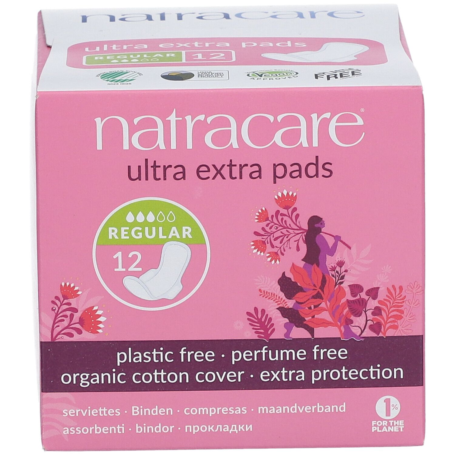 Rosa Verpackung "natracare ultra extra pads". 12 Stück. Kunststofffrei, parfümfrei, Bio-Baumwollbezug. Logo "1% for the planet".