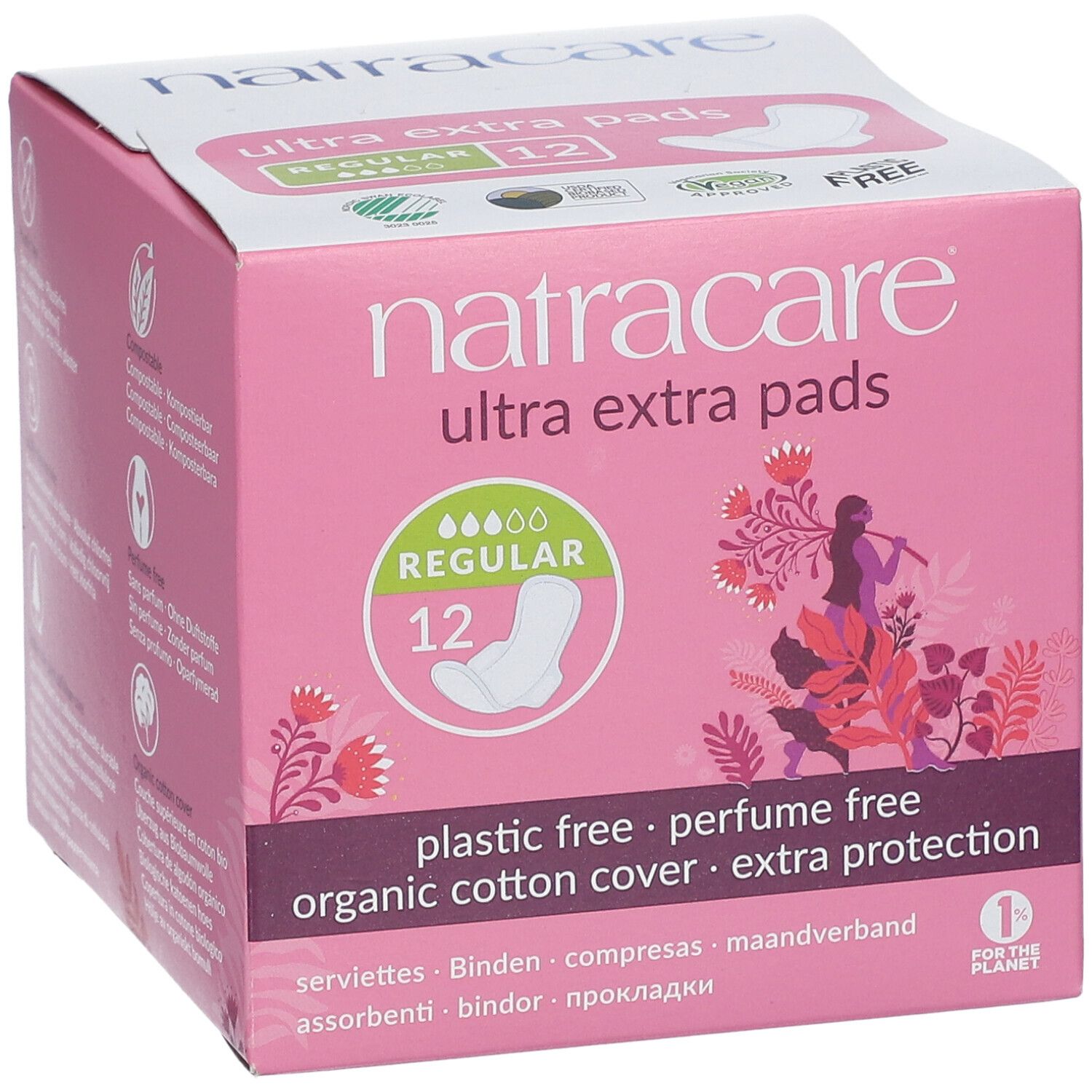 Rosa Verpackung "natracare ultra extra pads". 12 Stück. Kunststofffrei, parfümfrei, Bio-Baumwollbezug. Logo "1% for the planet".