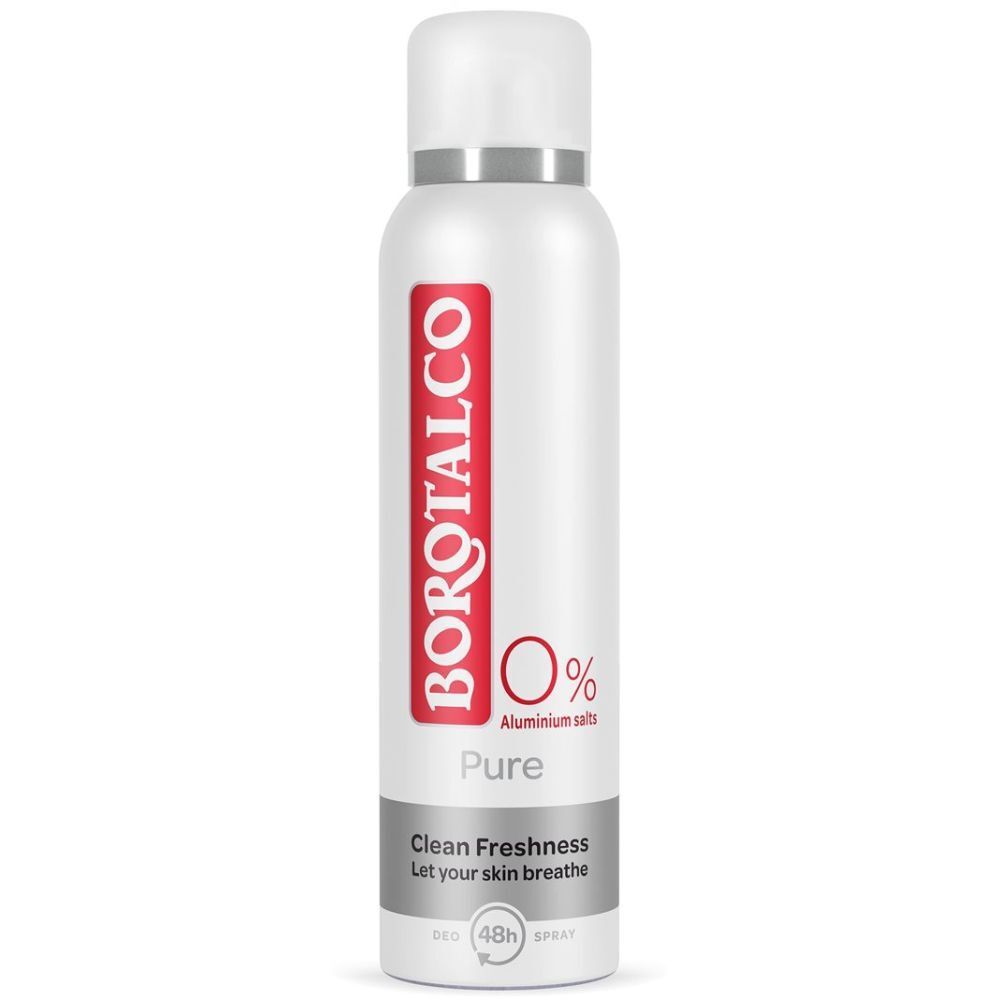 BOROTALCO Pure Clean Frischespray. Flacon blanc avec logo rouge. 0% sels d'aluminium. 'Clean Freshness' et 'Let your skin breathe'.