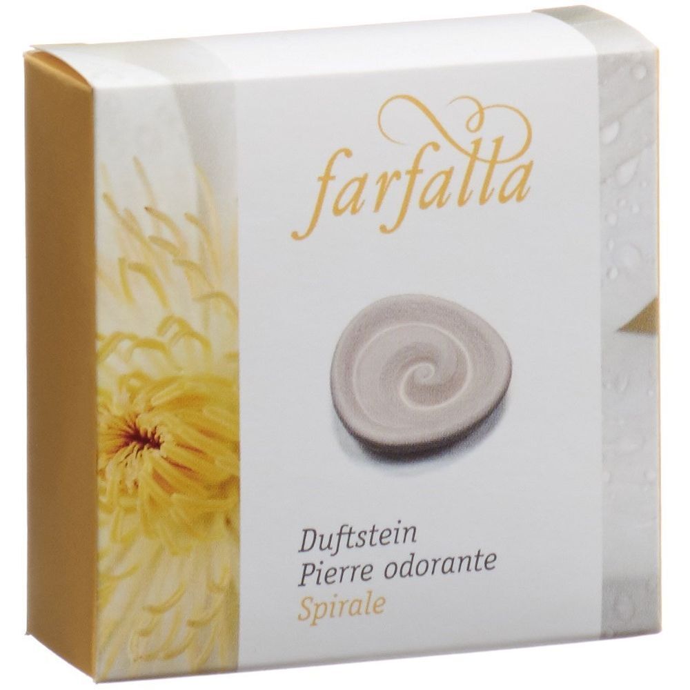 Karton mit Duftstein. Aufschrift "farfalla", "Duftstein Spirale". Stein mit Spiralmuster.