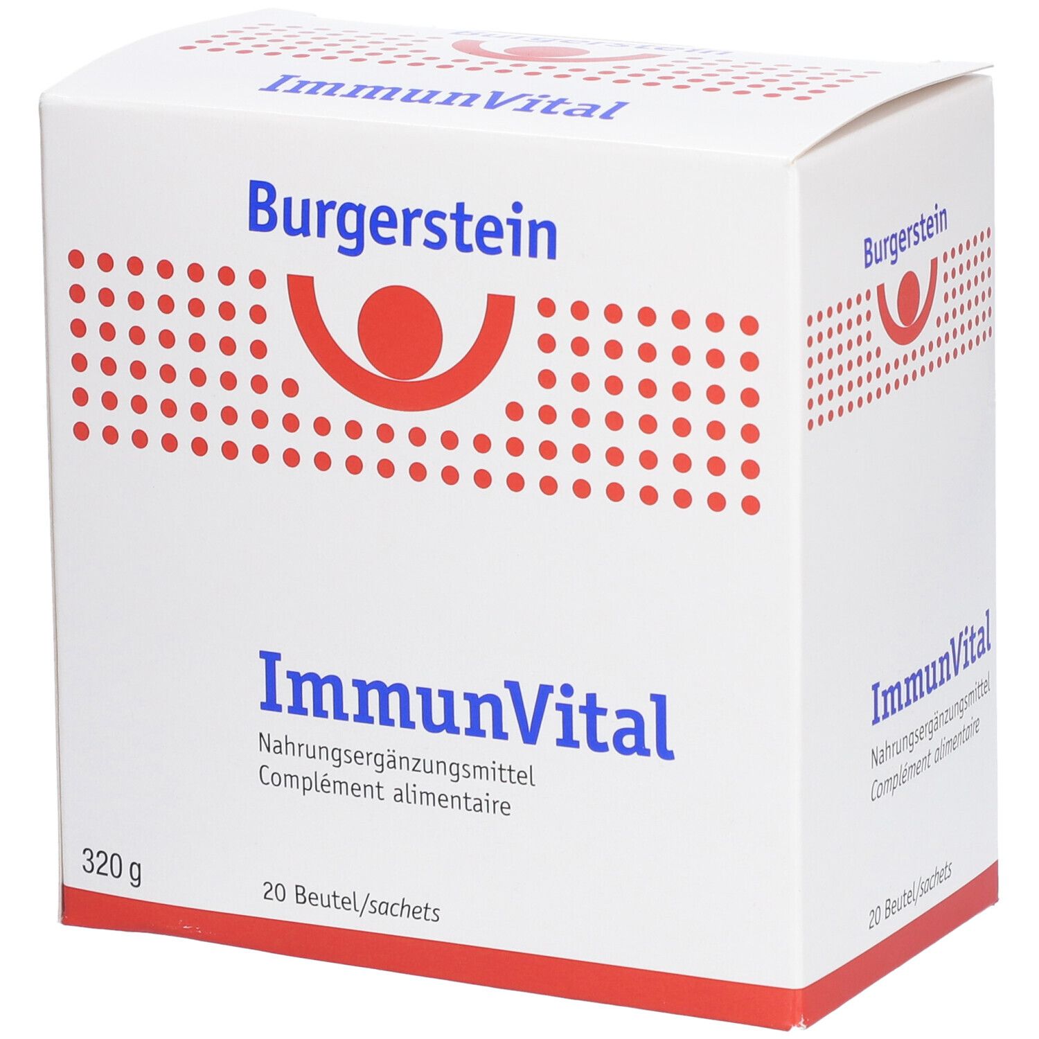 Weiße Schachtel mit Burgerstein ImmunVital. Aufschrift: Nahrungsergänzungsmittel, 20 Beutel, 320g. Logo mit rotem Kreis.