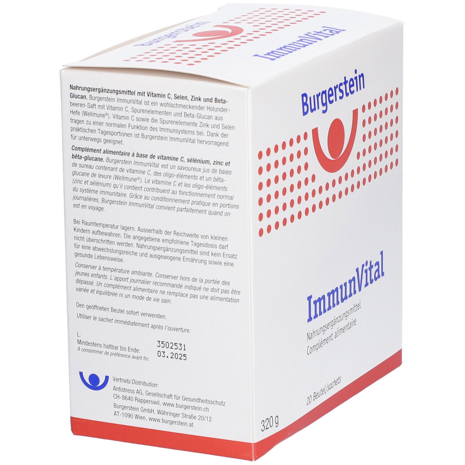 Rückseite der weißen Schachtel Burgerstein ImmunVital. Text: Nahrungsergänzungsmittel mit Vitamin C, Selen, Zink und Beta-Glucan. 20 Beutel.