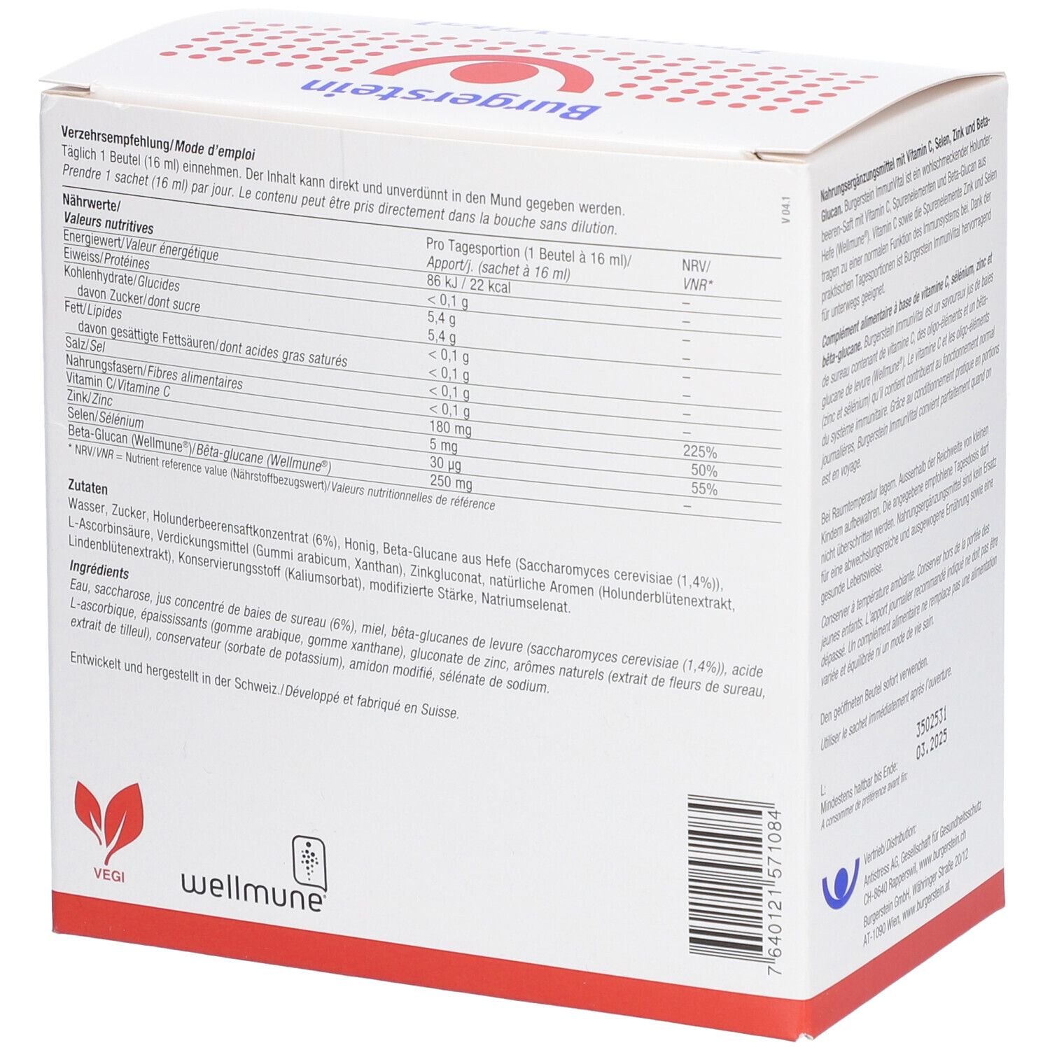 Rückseite der weißen Schachtel Burgerstein ImmunVital. Text: Nährwertangaben, Zutaten. Logo: Wellmune. 20 Beutel.