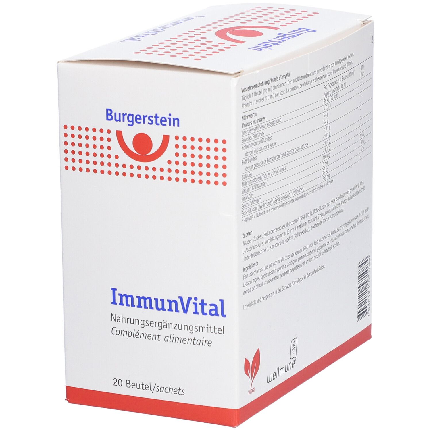Schachtel Burgerstein ImmunVital, schräg. Text: Nahrungsergänzungsmittel, 20 Beutel. Logo: Wellmune. Aufschrift: Burgerstein, ImmunVital.