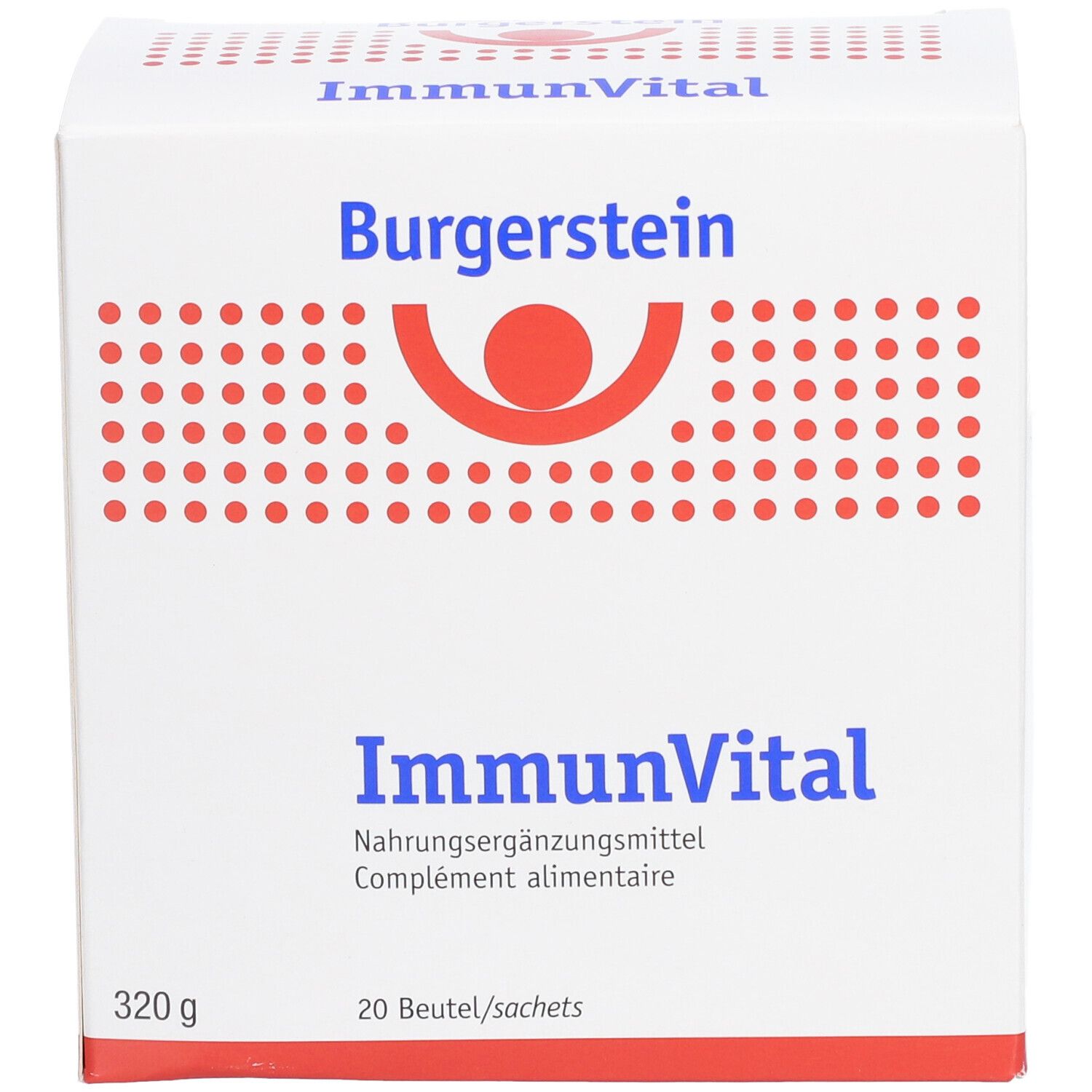 Weiße Schachtel Burgerstein ImmunVital. Aufschrift: Nahrungsergänzungsmittel, 20 Beutel, 320g. Logo mit rotem Kreis.