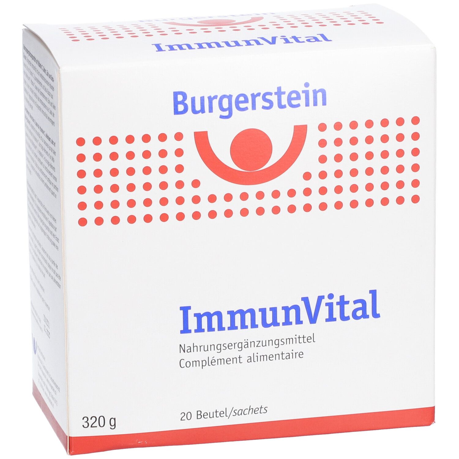 Schachtel Burgerstein ImmunVital, schräg. Aufschrift: Nahrungsergänzungsmittel, 20 Beutel, 320g. Logo mit rotem Kreis.
